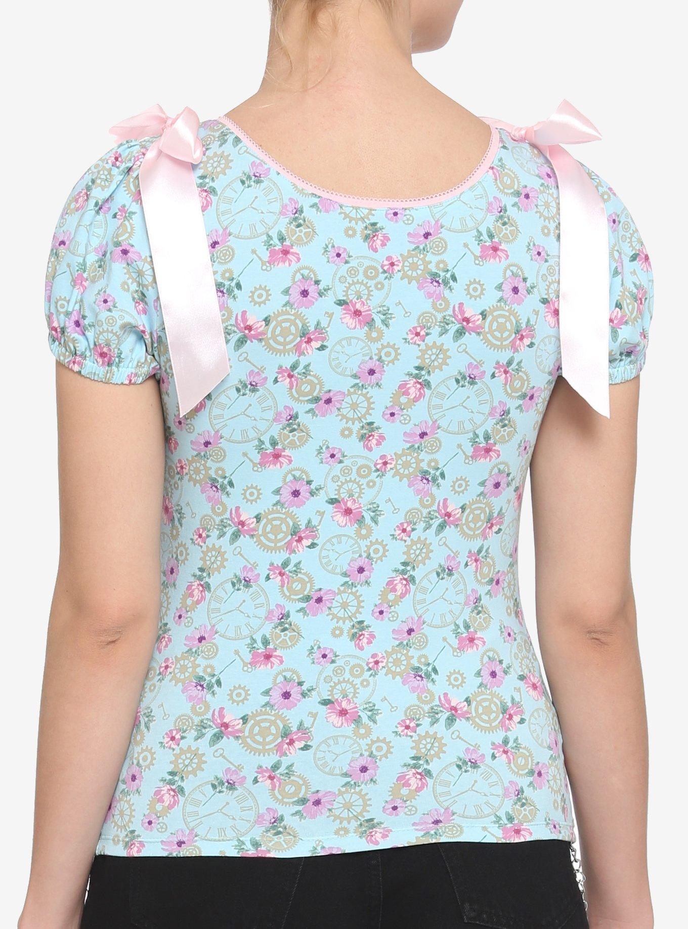 Blue Floral Clocks & Gears Girls Top, BLUE, alternate
