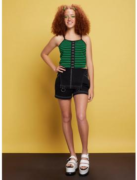 Black & Green Stripe Hook-And-Eye Girls Crop Strappy Tank Top, , hi-res