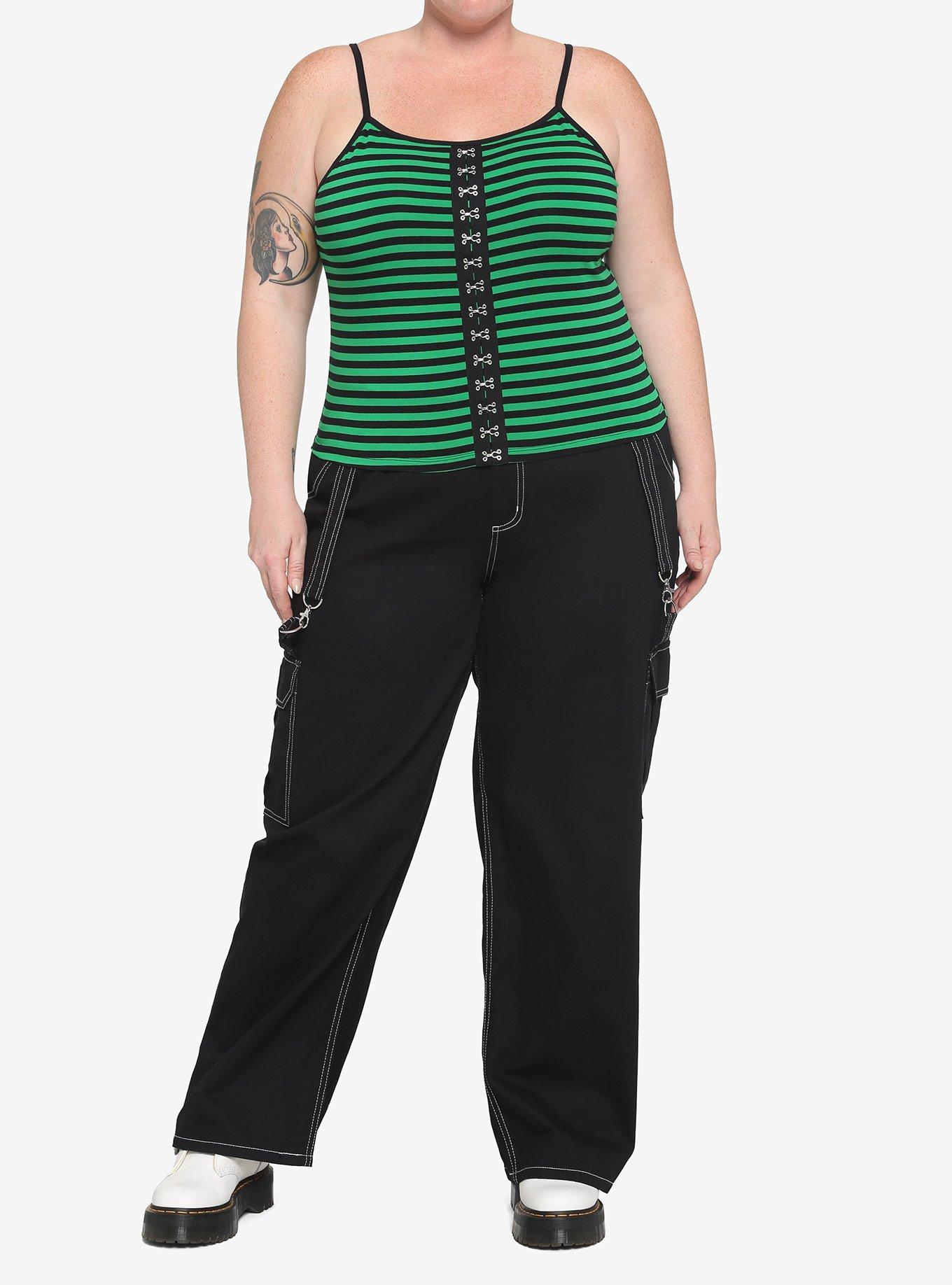 Black & Green Stripe Hook-And-Eye Girls Crop Strappy Tank Top Plus Size, STRIPES, alternate