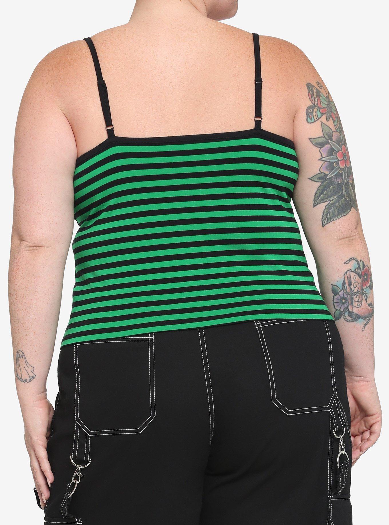 Black & Green Stripe Hook-And-Eye Girls Crop Strappy Tank Top Plus Size, STRIPES, alternate