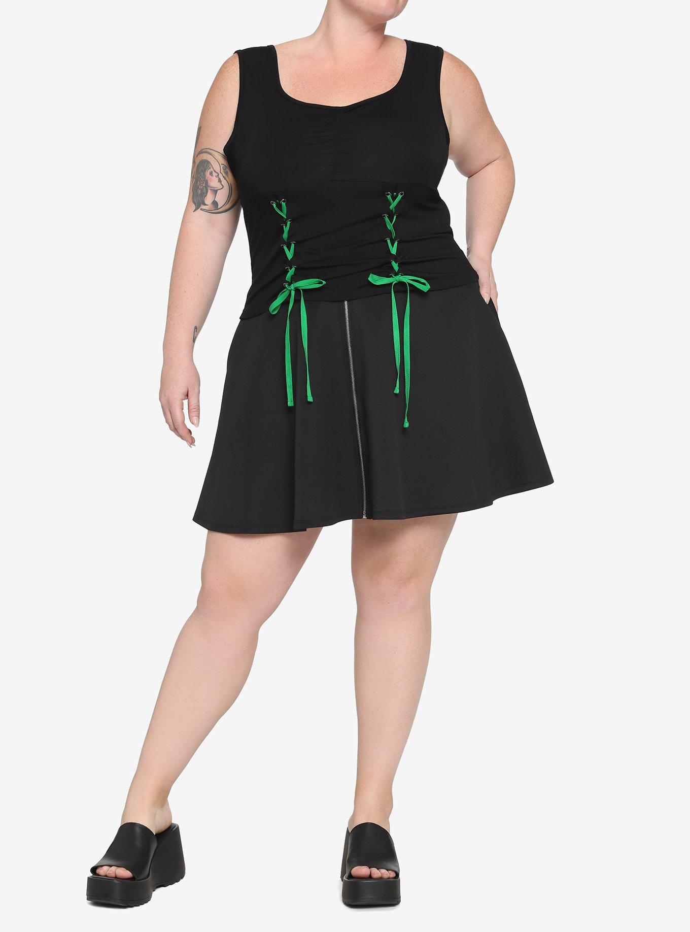 Black & Green Lace-Up Girls Crop Tank Top Plus Size, BLACK, alternate