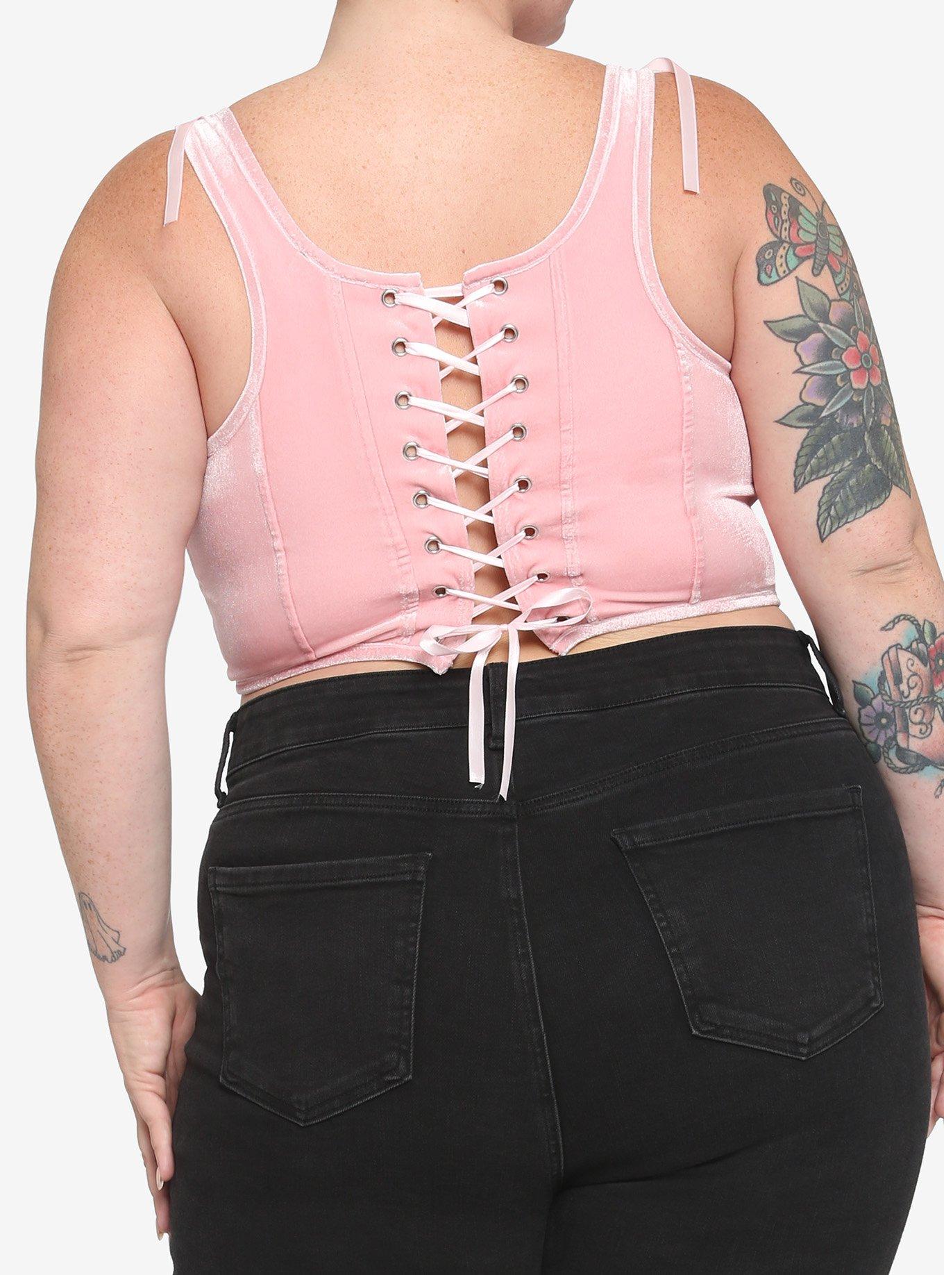 Pink Lace-Up Crop Corset Top Plus Size, PINK, alternate