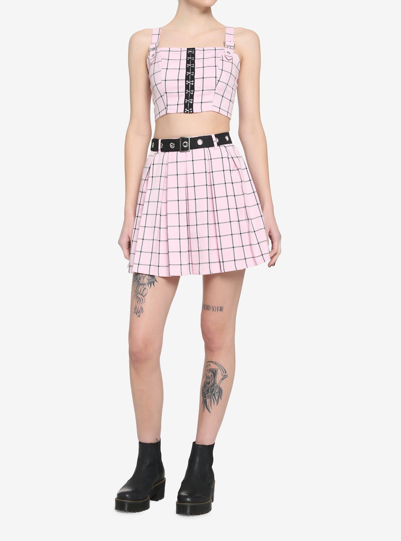Pink & Black Grid Buckle Girls Tank Top, PLAID - PINK, alternate