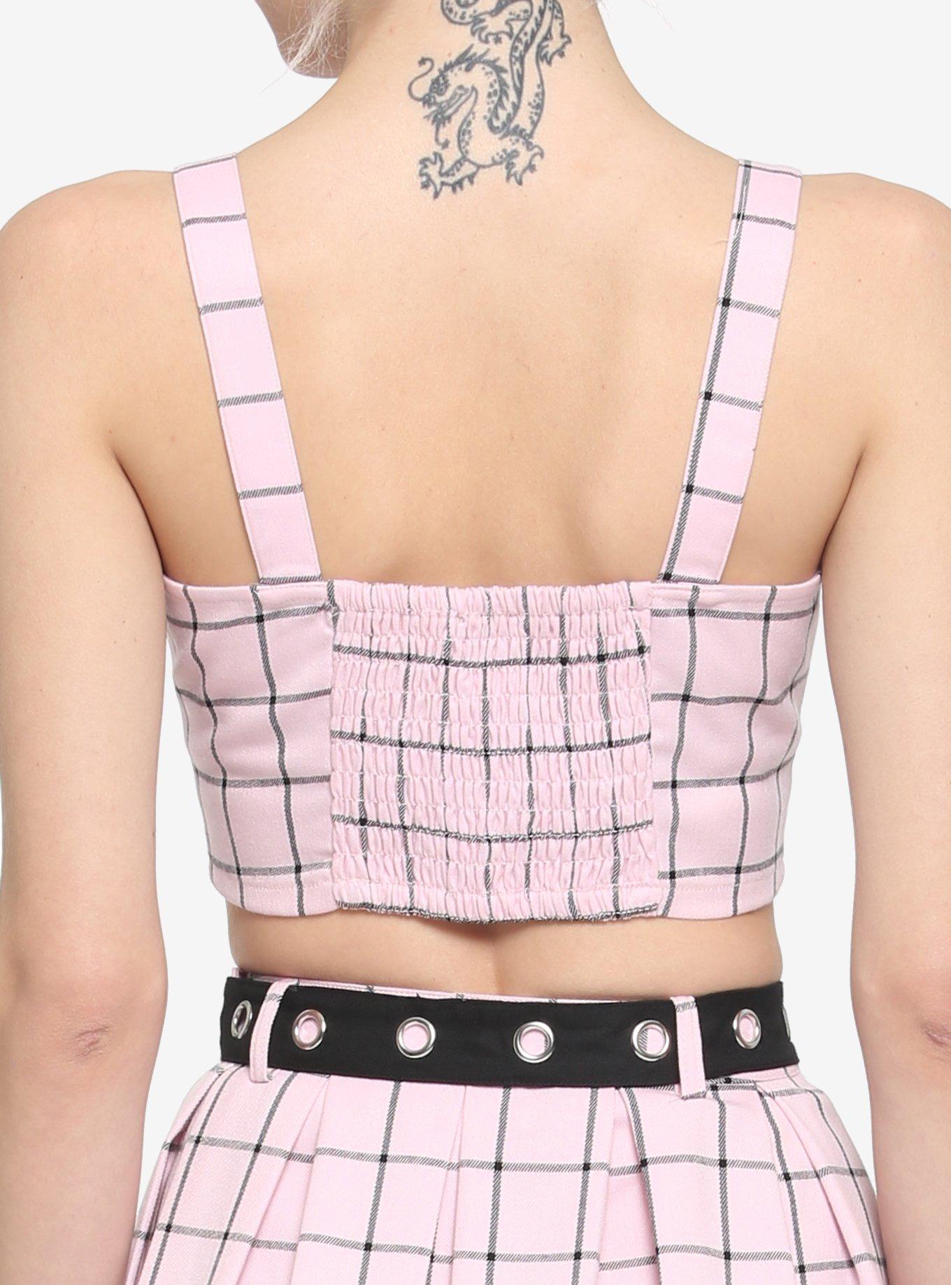 Pink & Black Grid Buckle Girls Tank Top, PLAID - PINK, alternate