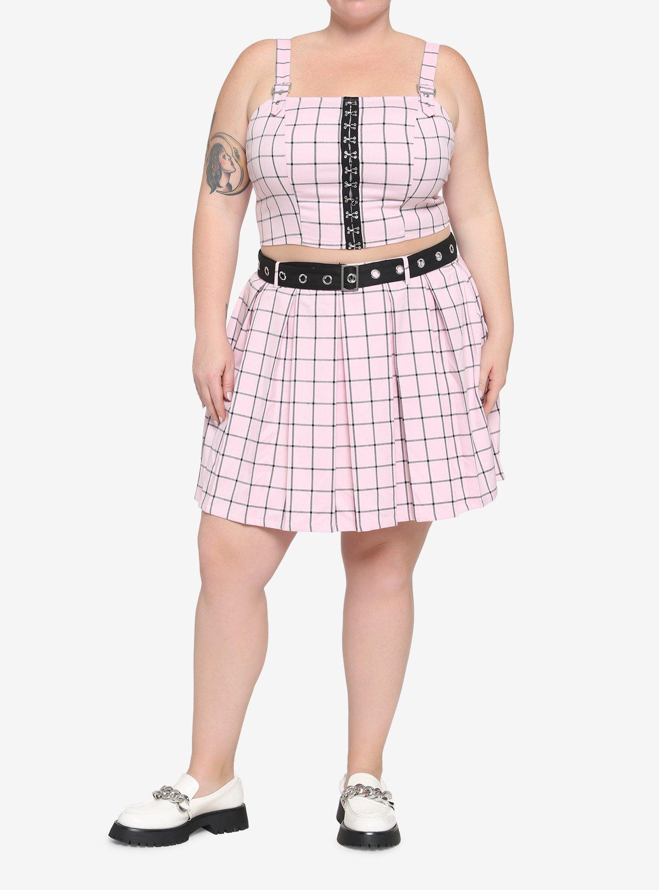 Pink & Black Grid Buckle Girls Tank Top Plus Size, PLAID - PINK, alternate
