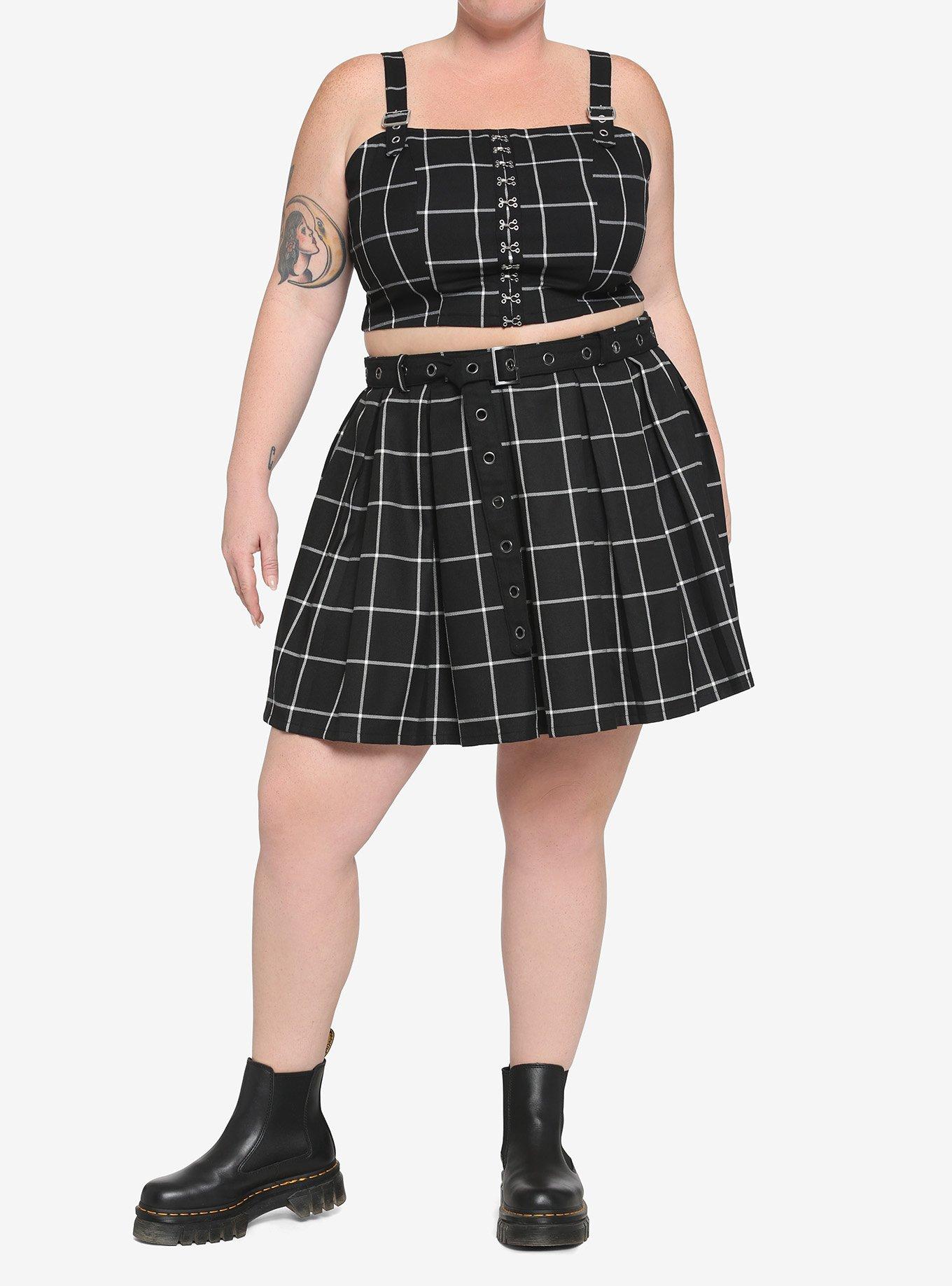 Black & White Grid Girls Crop Tank Top Plus Size, PLAID - BLACK, alternate