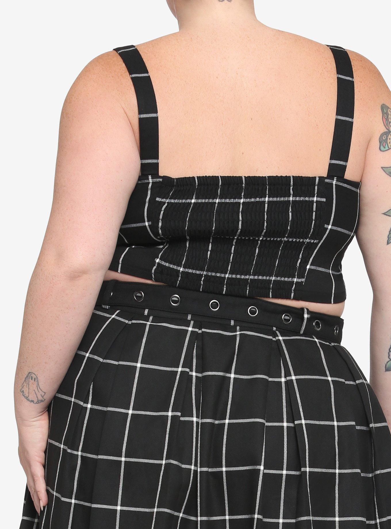 Black & White Grid Girls Crop Tank Top Plus Size, PLAID - BLACK, alternate