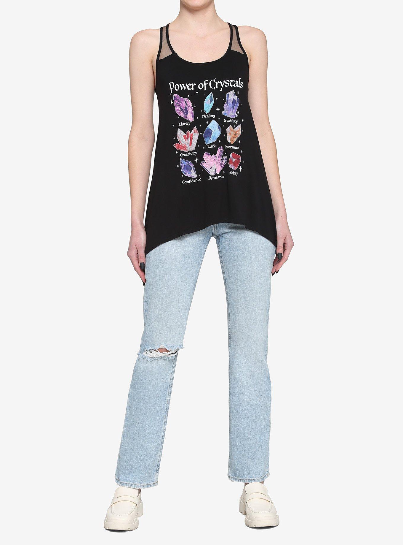 Glitter Crystals Mesh Shark Bite Girls Tank Top, BLACK, alternate