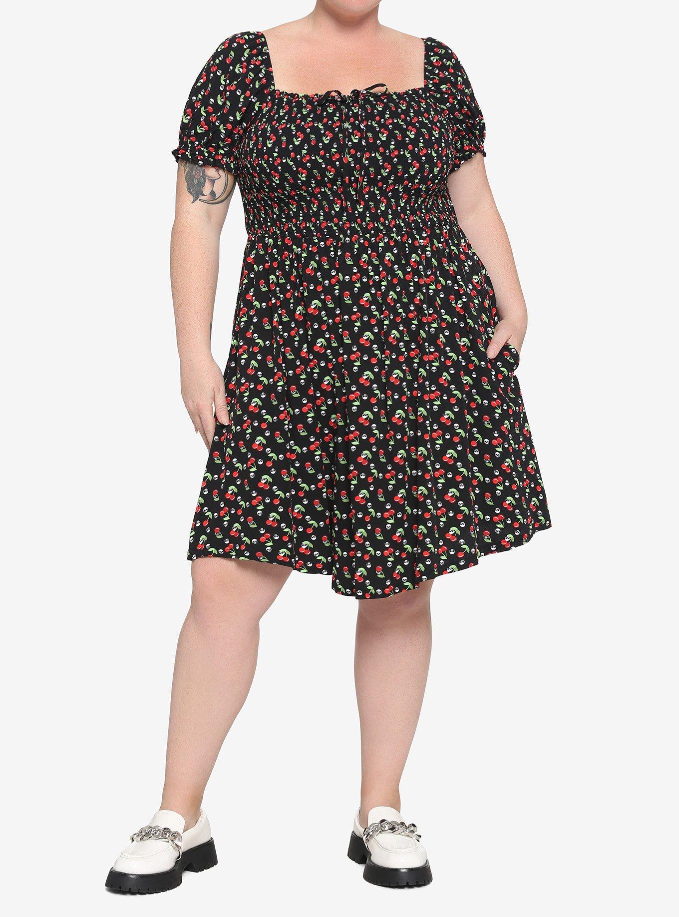 Cherry Skull Smocked Dress Plus Size, RED, alternate