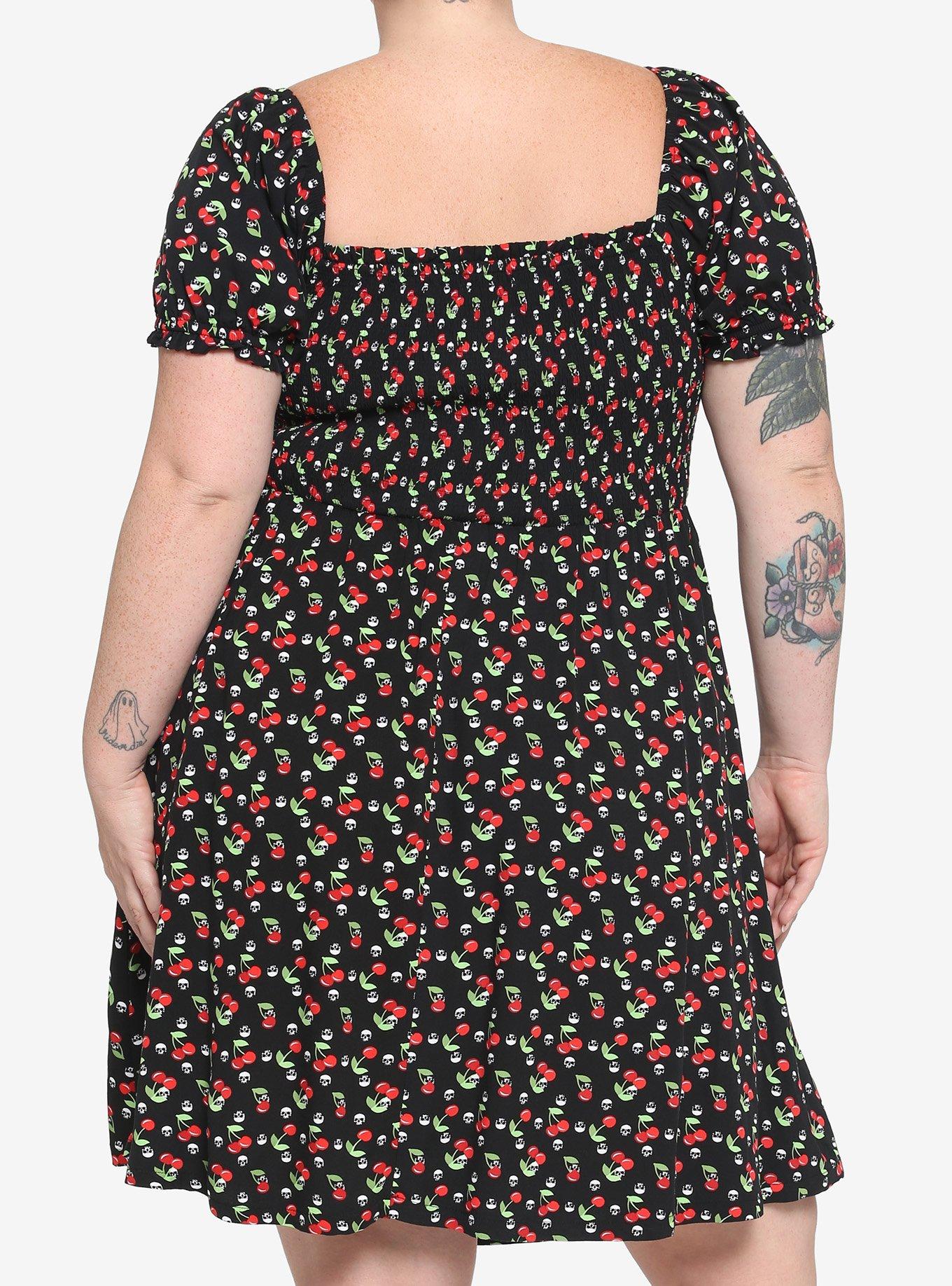 Cherry Skull Smocked Dress Plus Size, RED, alternate