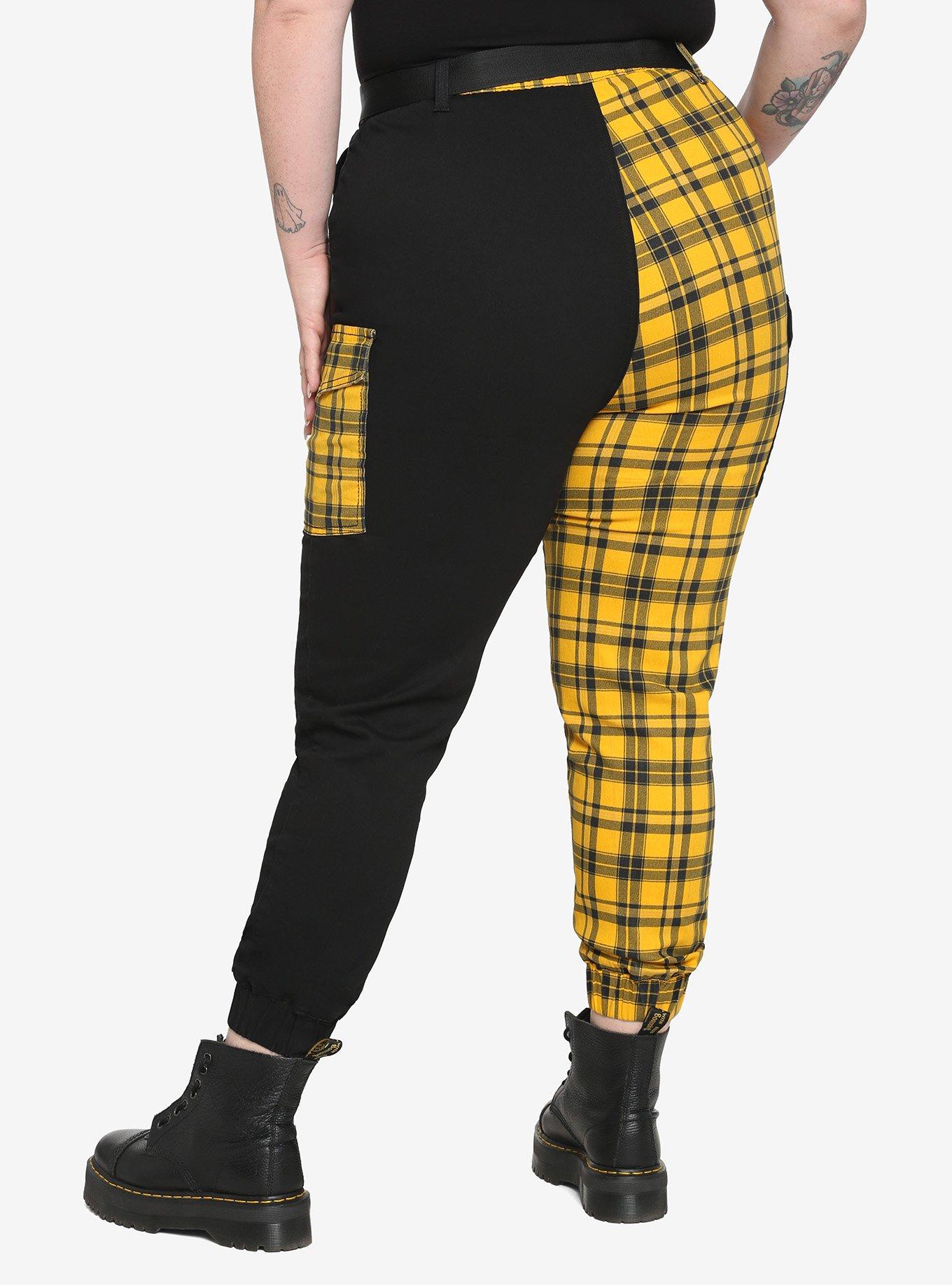 Black & Yellow Plaid Split Cargo Jogger Pants Plus Size, BLACK, alternate
