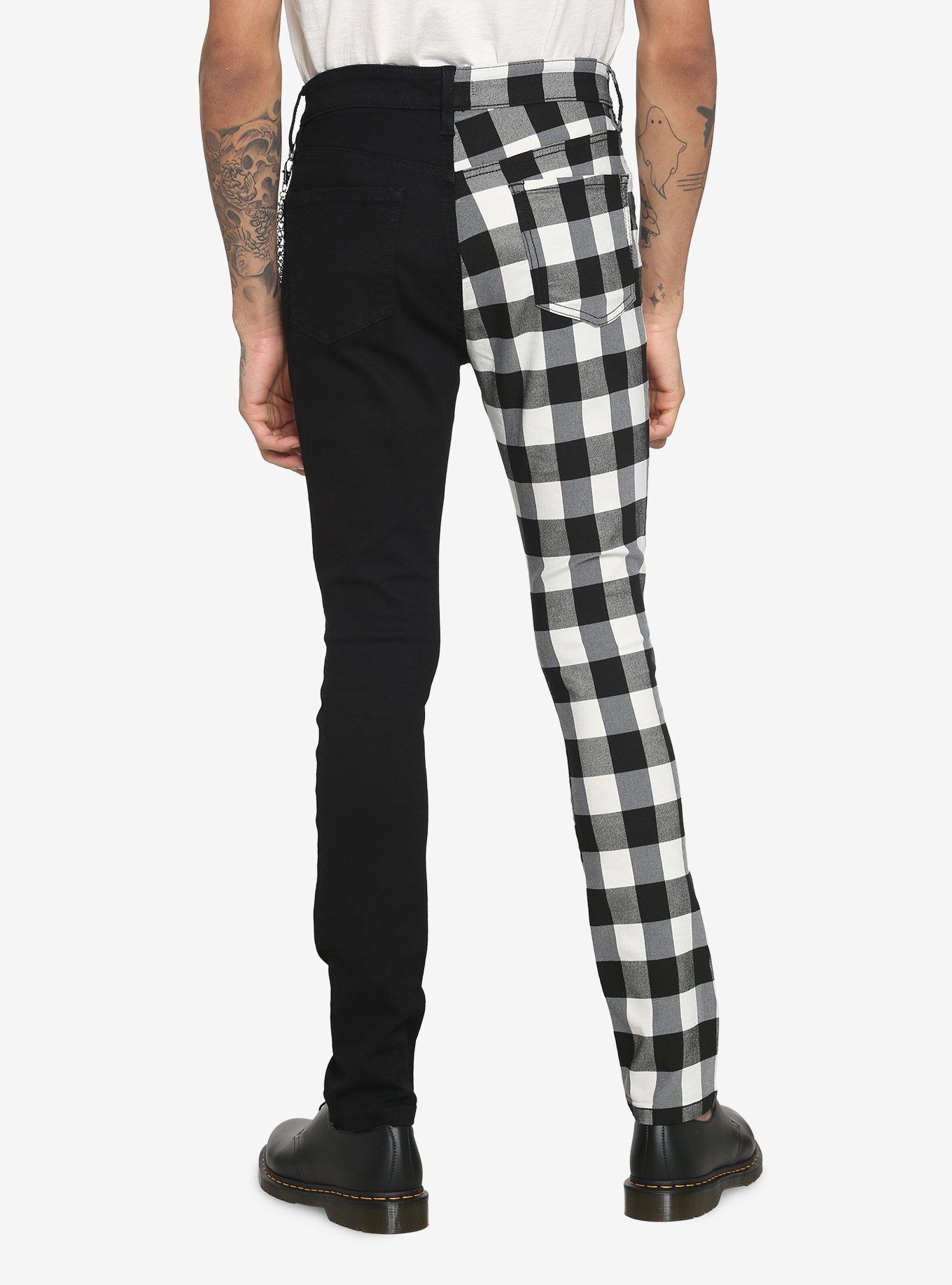 Black & White Checkered Split Leg Chain Stinger Jeans, BLACK  WHITE, alternate