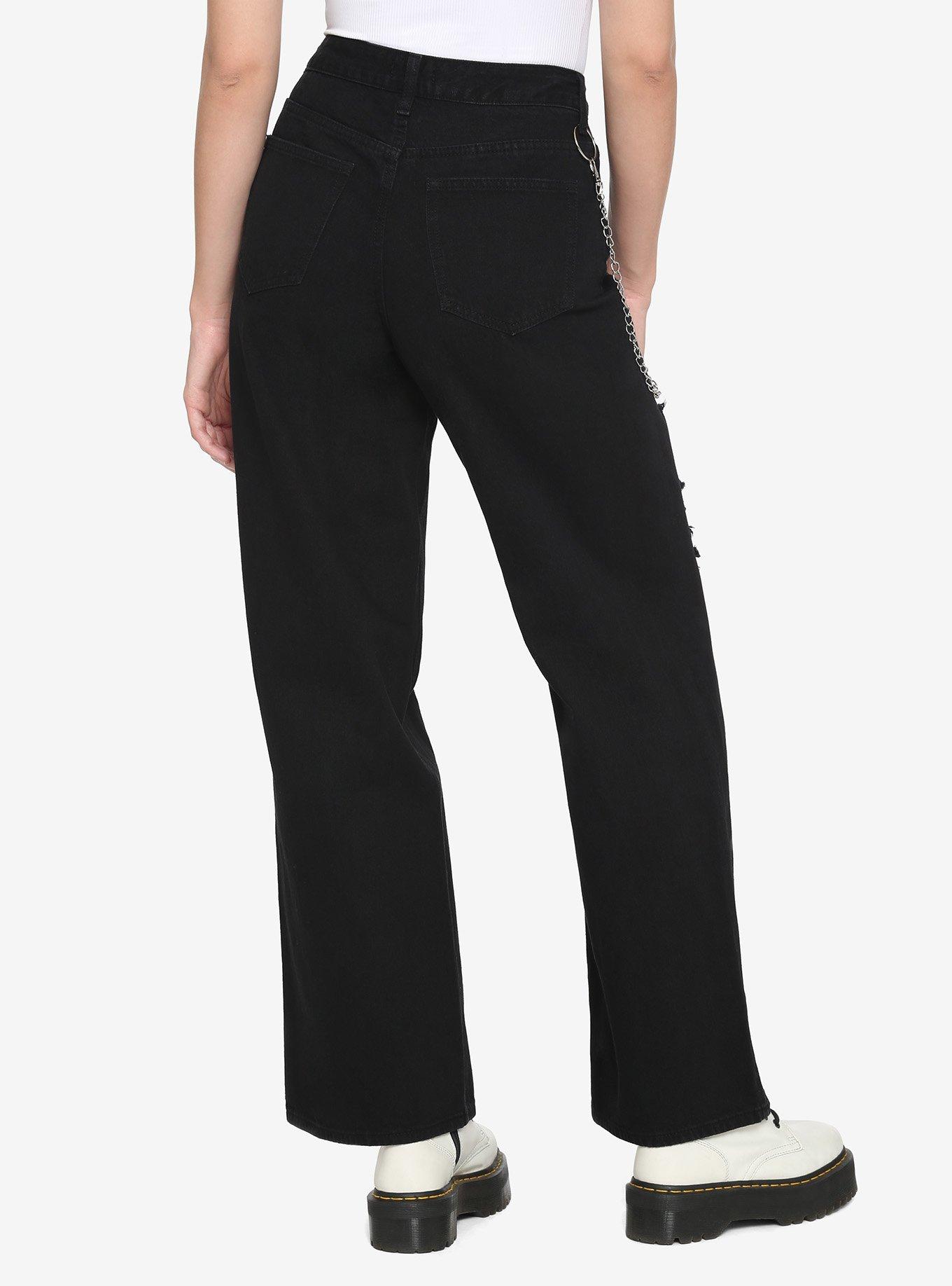 Black Destructed Side Chain Wide Leg Denim Jeans, BLACK, alternate