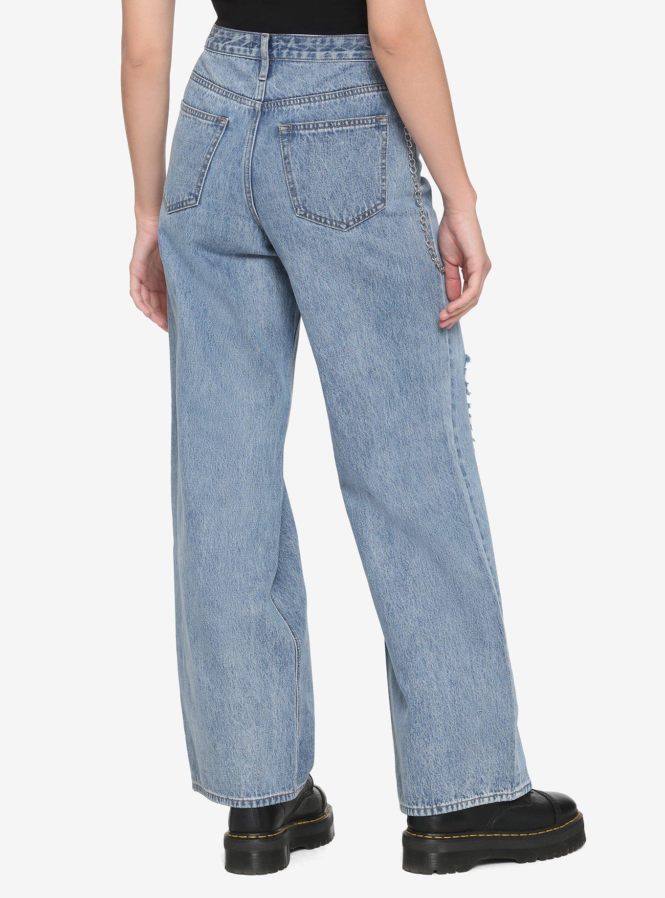 Destructed Side Chain Wide Leg Denim Jeans, INDIGO, alternate