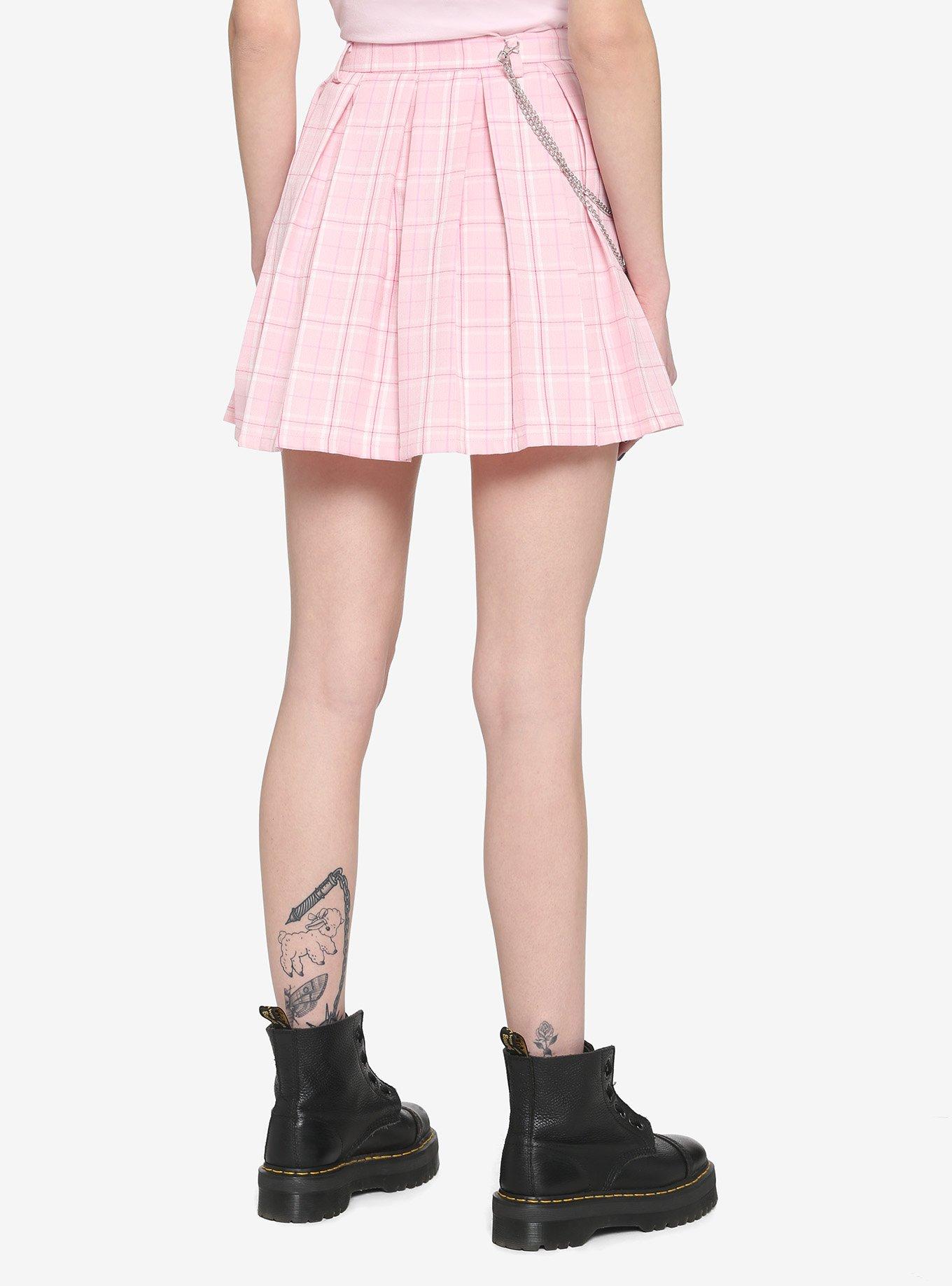 Pink Plaid Chain Pleated Skirt, PLAID - PINK, alternate