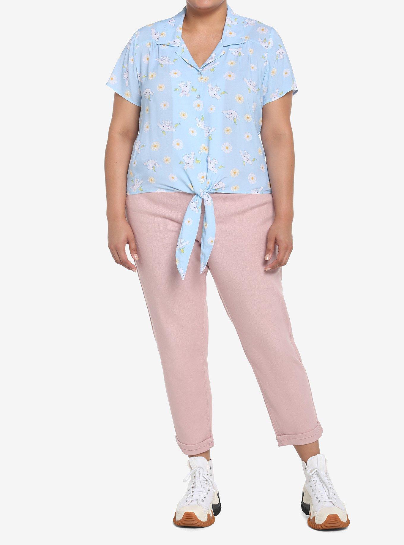 Cinnamoroll Flowers Tie-Front Girls Woven Button Up Plus Size, MULTI, alternate