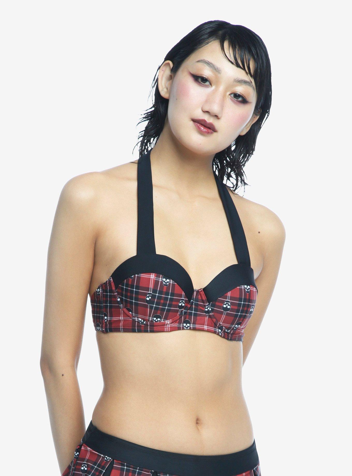 Red Plaid Skull Halter Swim Top, MULTI, alternate