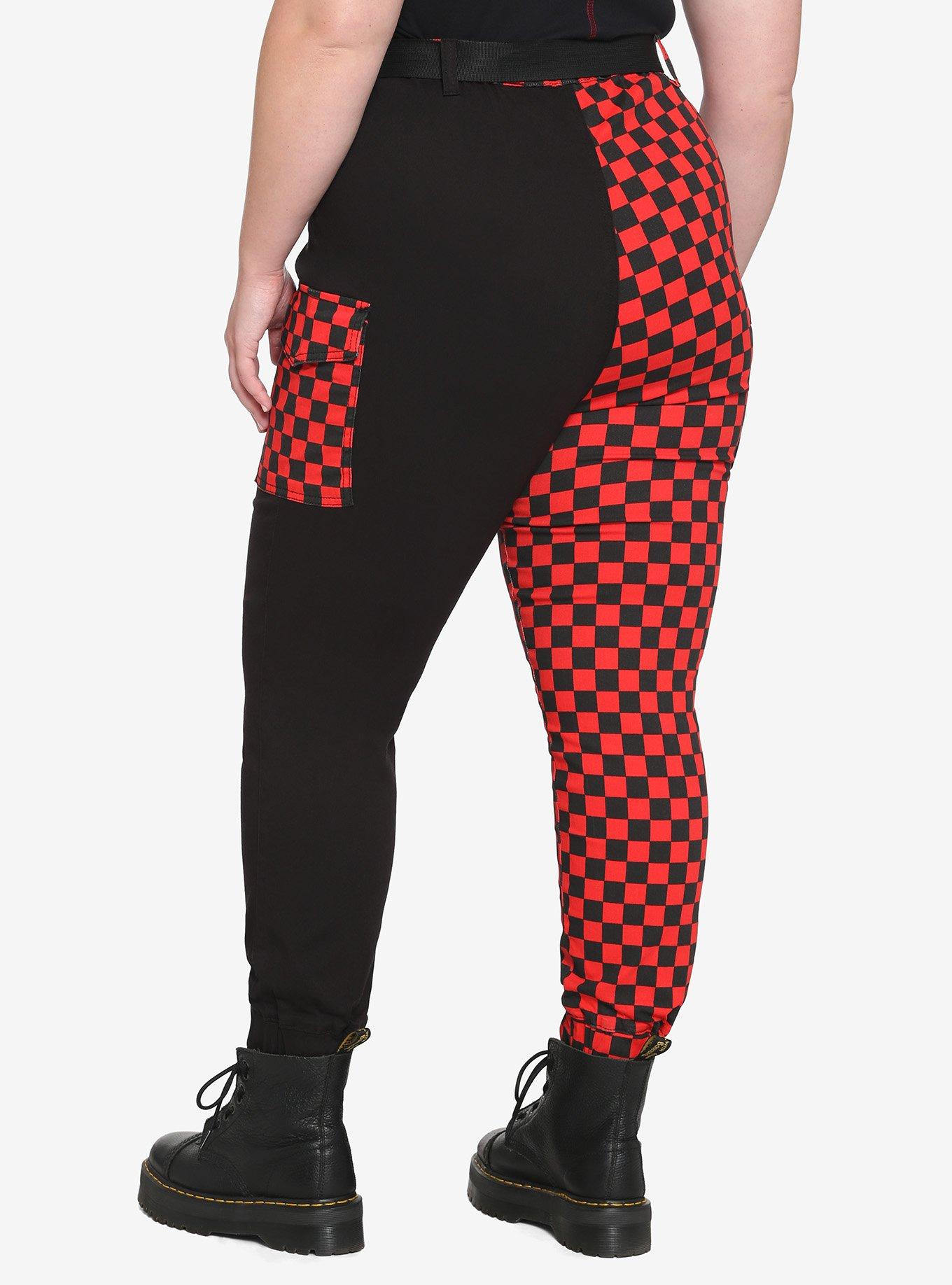 Red & Black Checkered Split Cargo Jogger Pants Plus Size, BLACK  RED, alternate