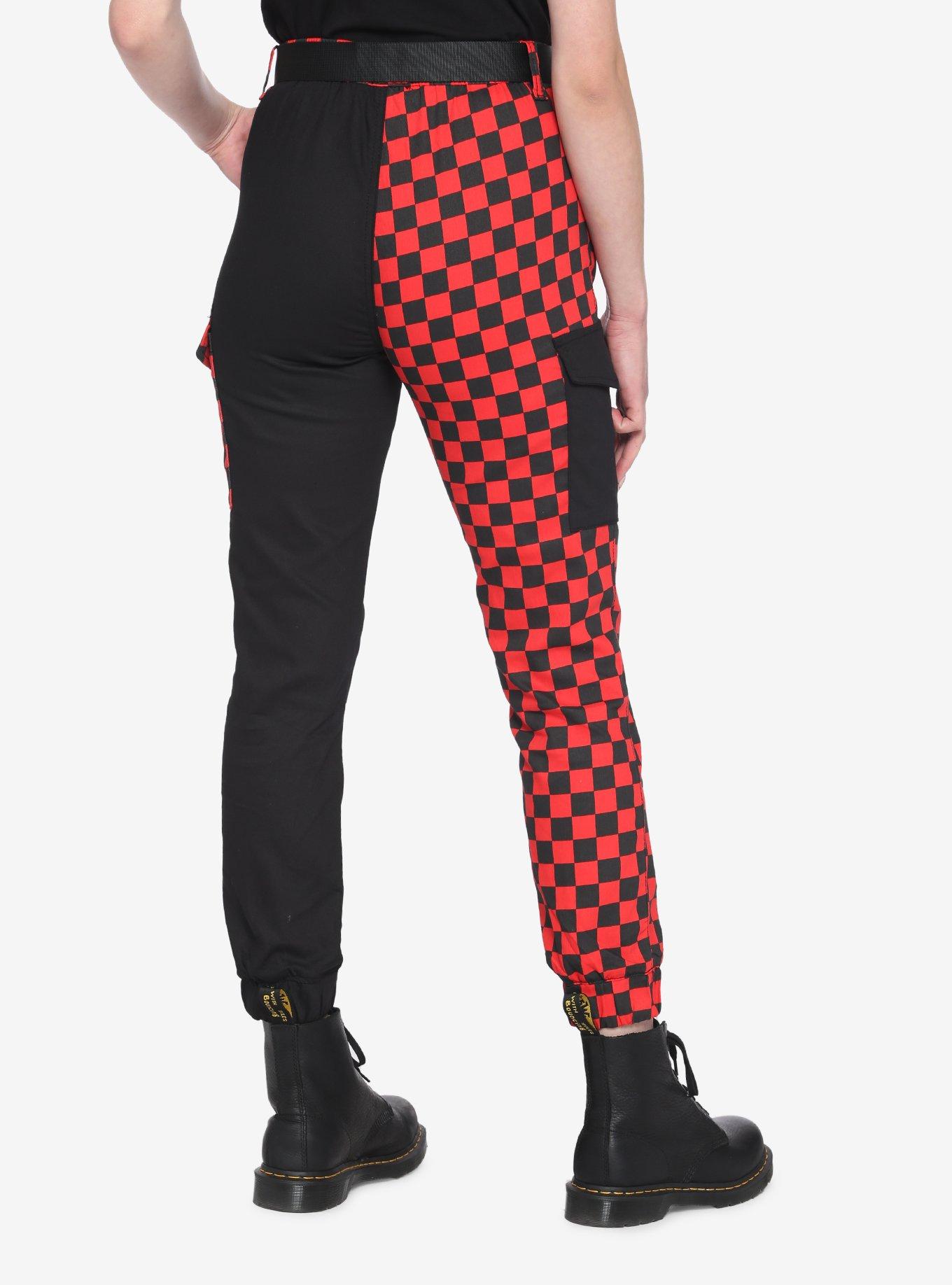 Red & Black Checker Split Cargo Jogger Pants, BLACK  RED, alternate