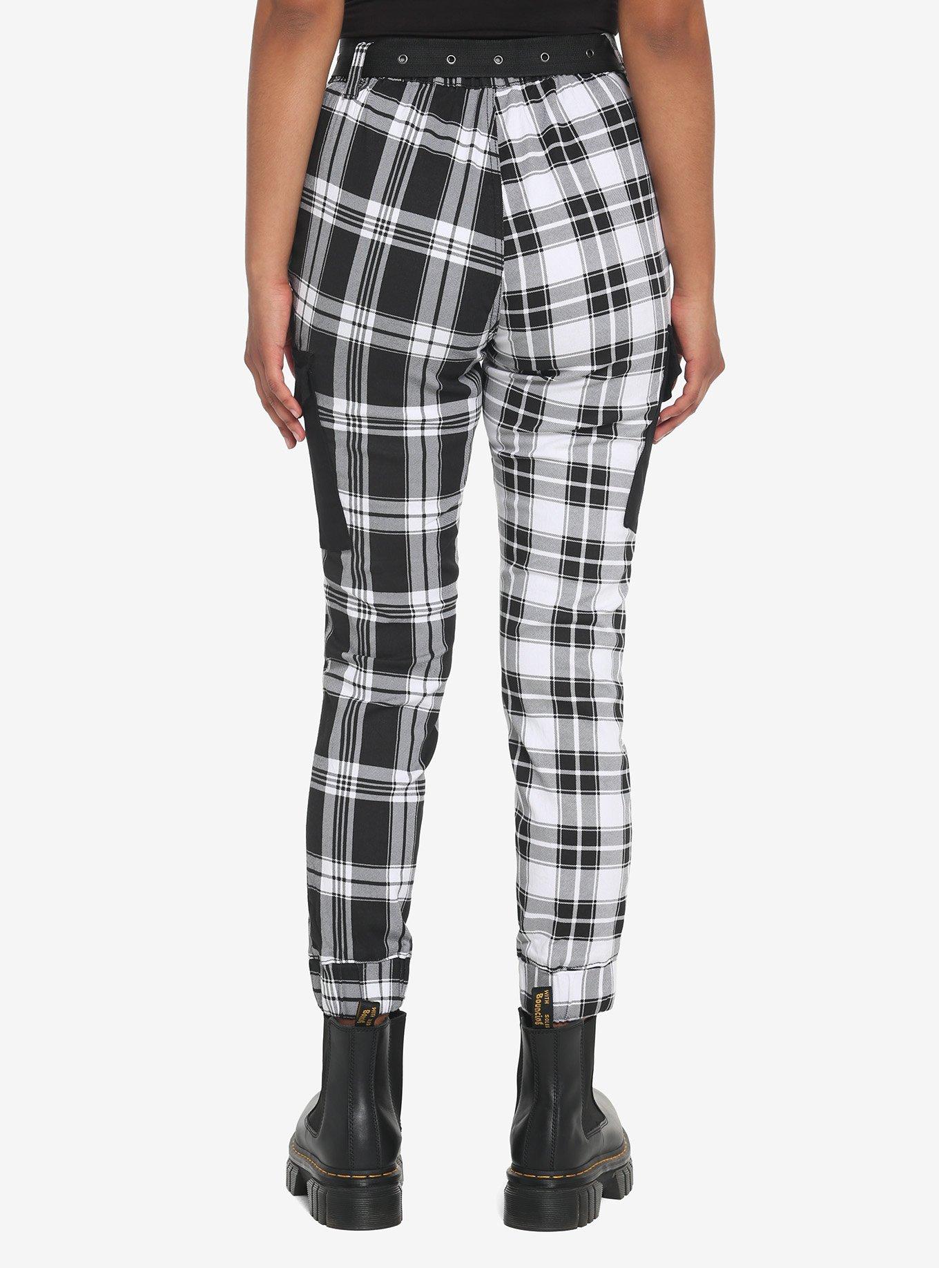 Black & White Plaid Split Jogger Pants, BLACK  WHITE, alternate