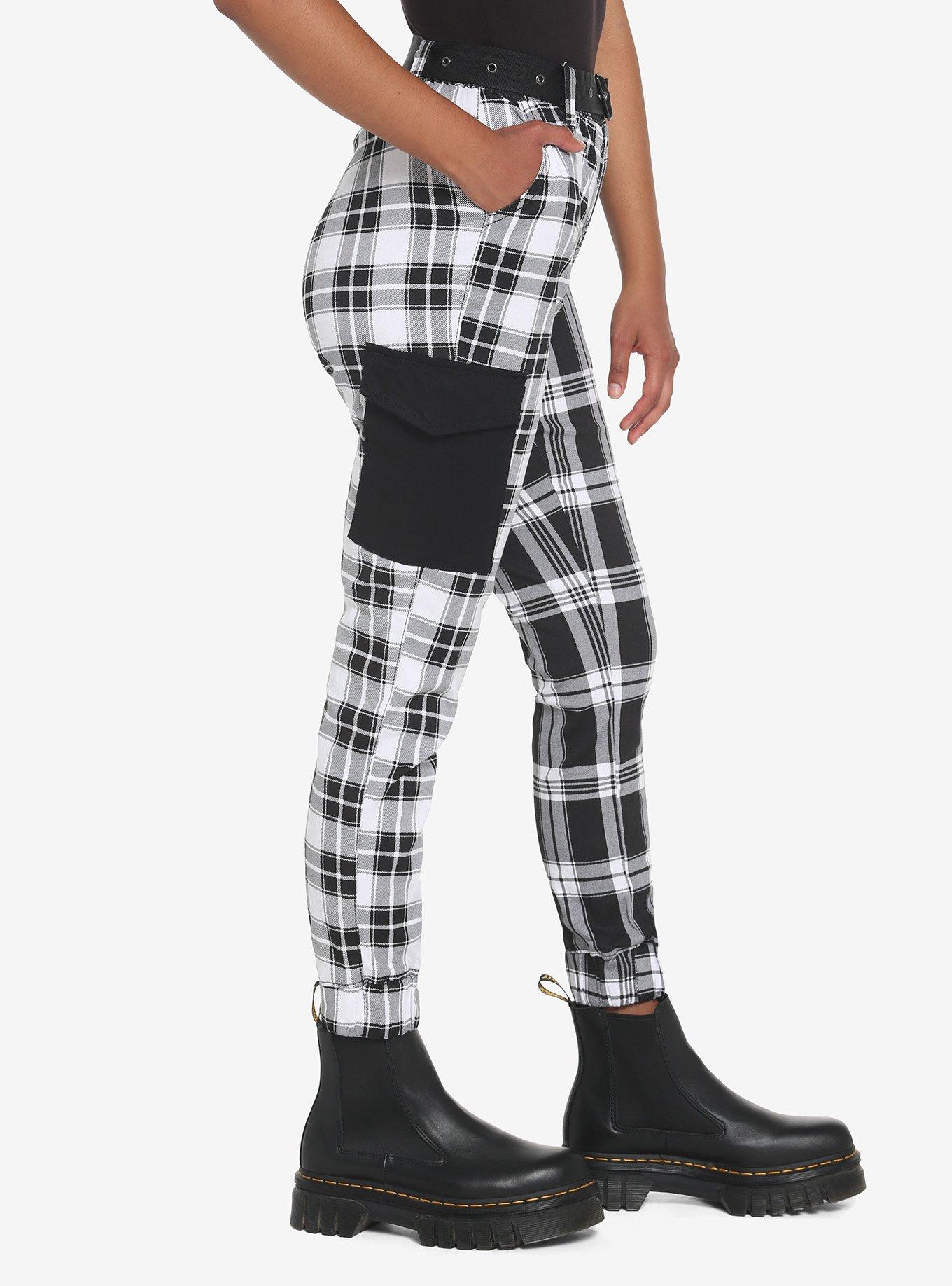 Black & White Plaid Split Jogger Pants, BLACK  WHITE, alternate