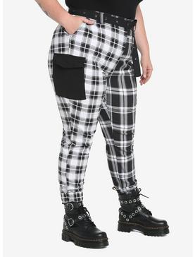 Black & White Plaid Split Jogger Pants Plus Size, , hi-res