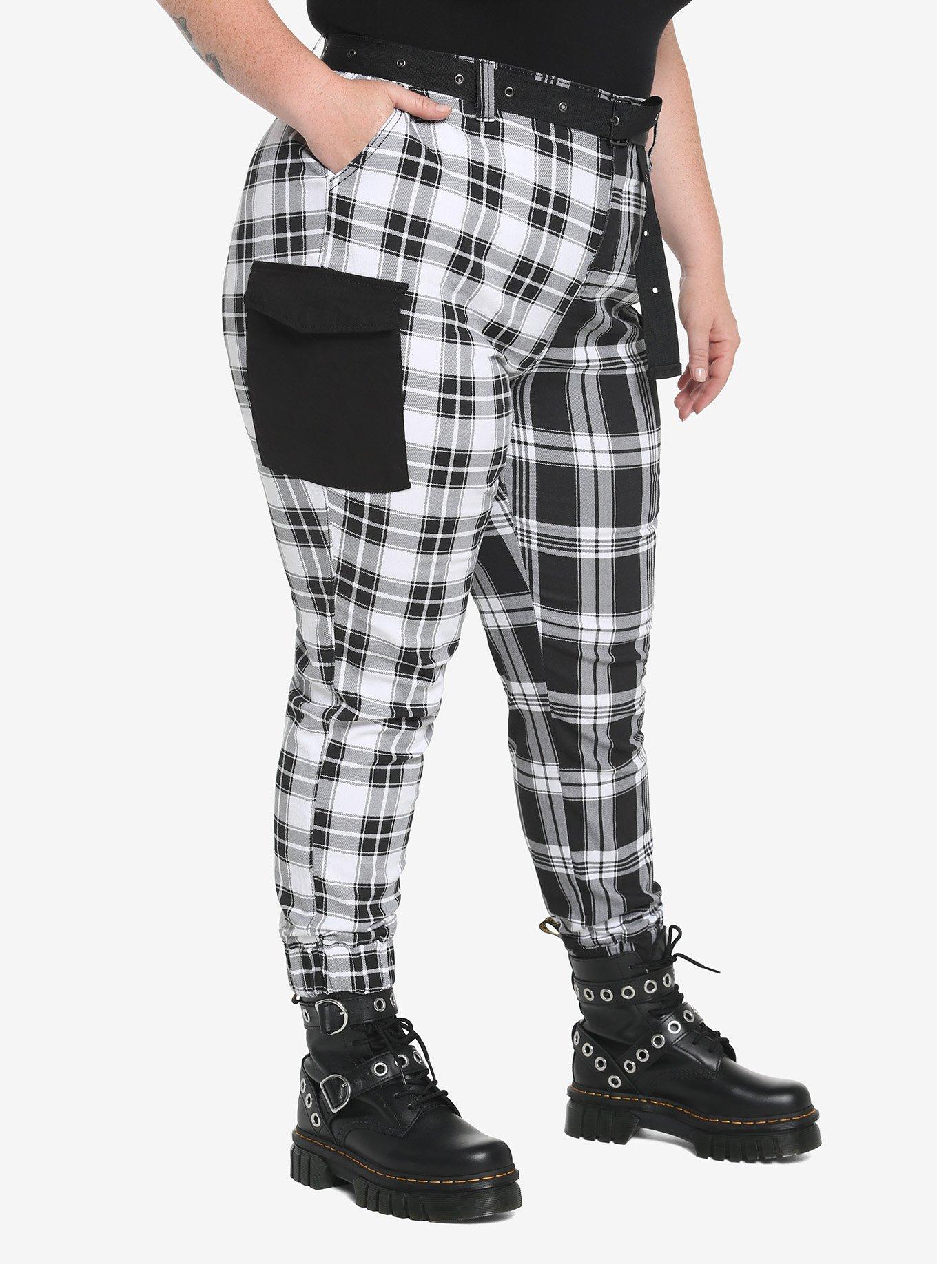 Black & White Plaid Split Jogger Pants Plus Size, BLACK  WHITE, alternate
