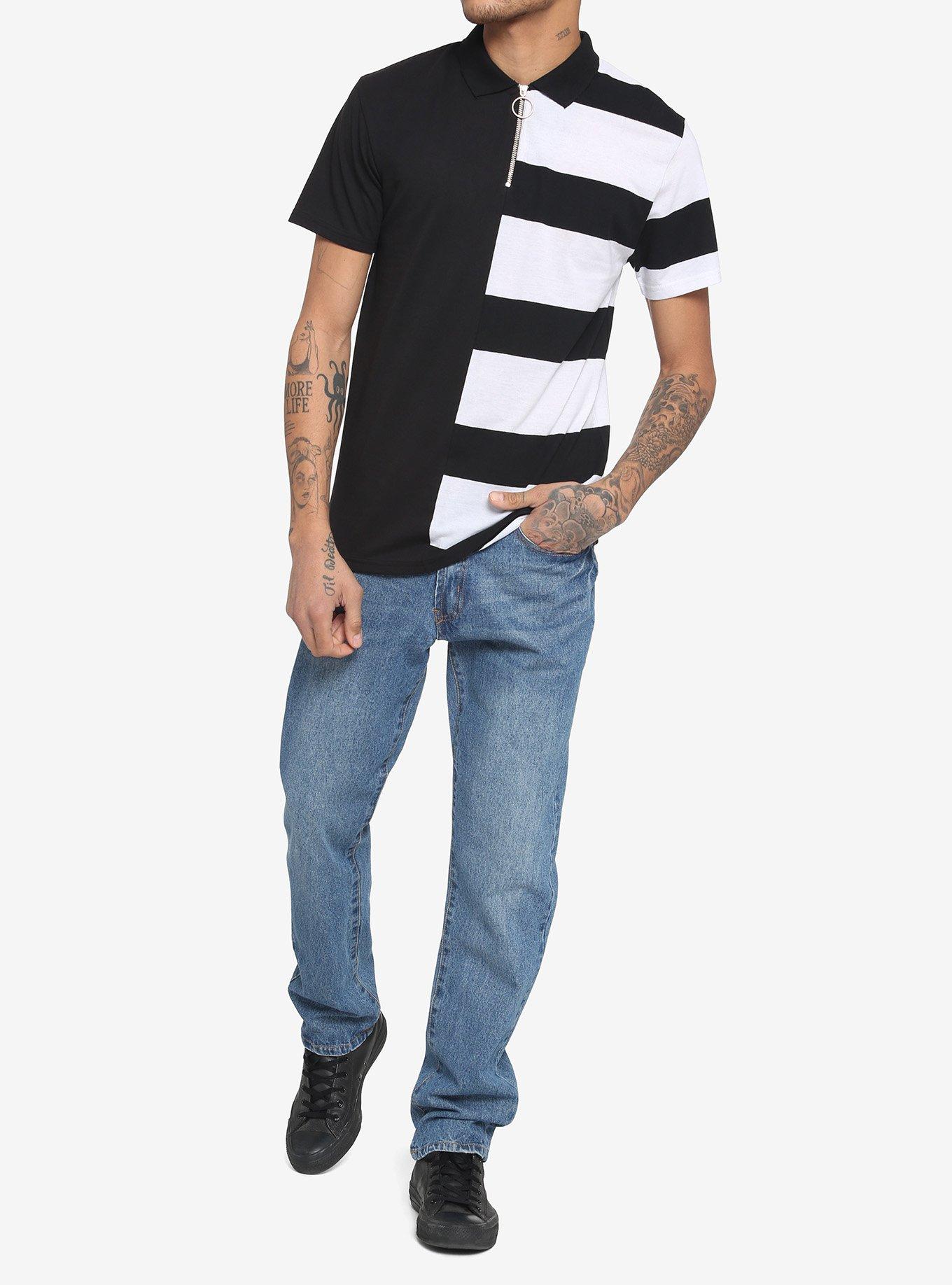 Black & White Stripe Split O-Ring Zipper Polo Shirt, BLACK  WHITE, alternate