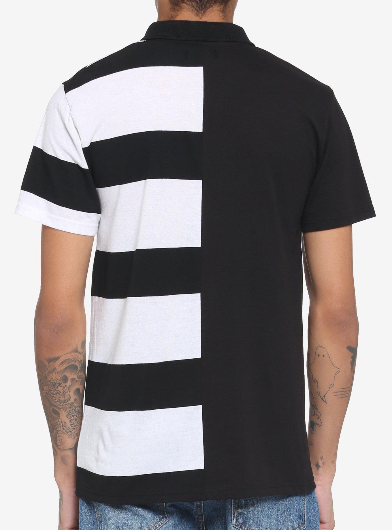 Black & White Stripe Split O-Ring Zipper Polo Shirt, BLACK  WHITE, alternate