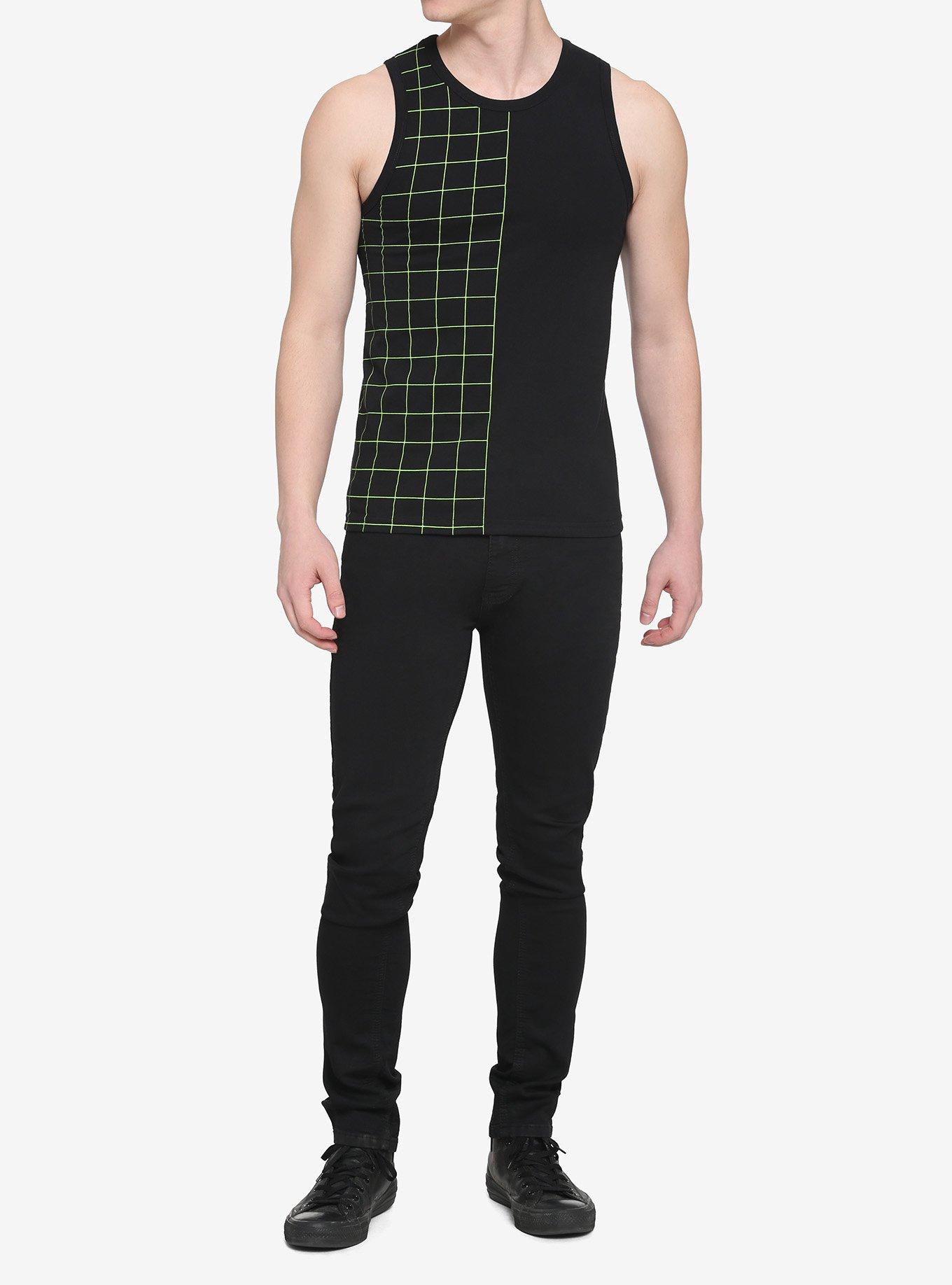 Black & Green Grid Split Tank Top, BLACK  GREEN, alternate