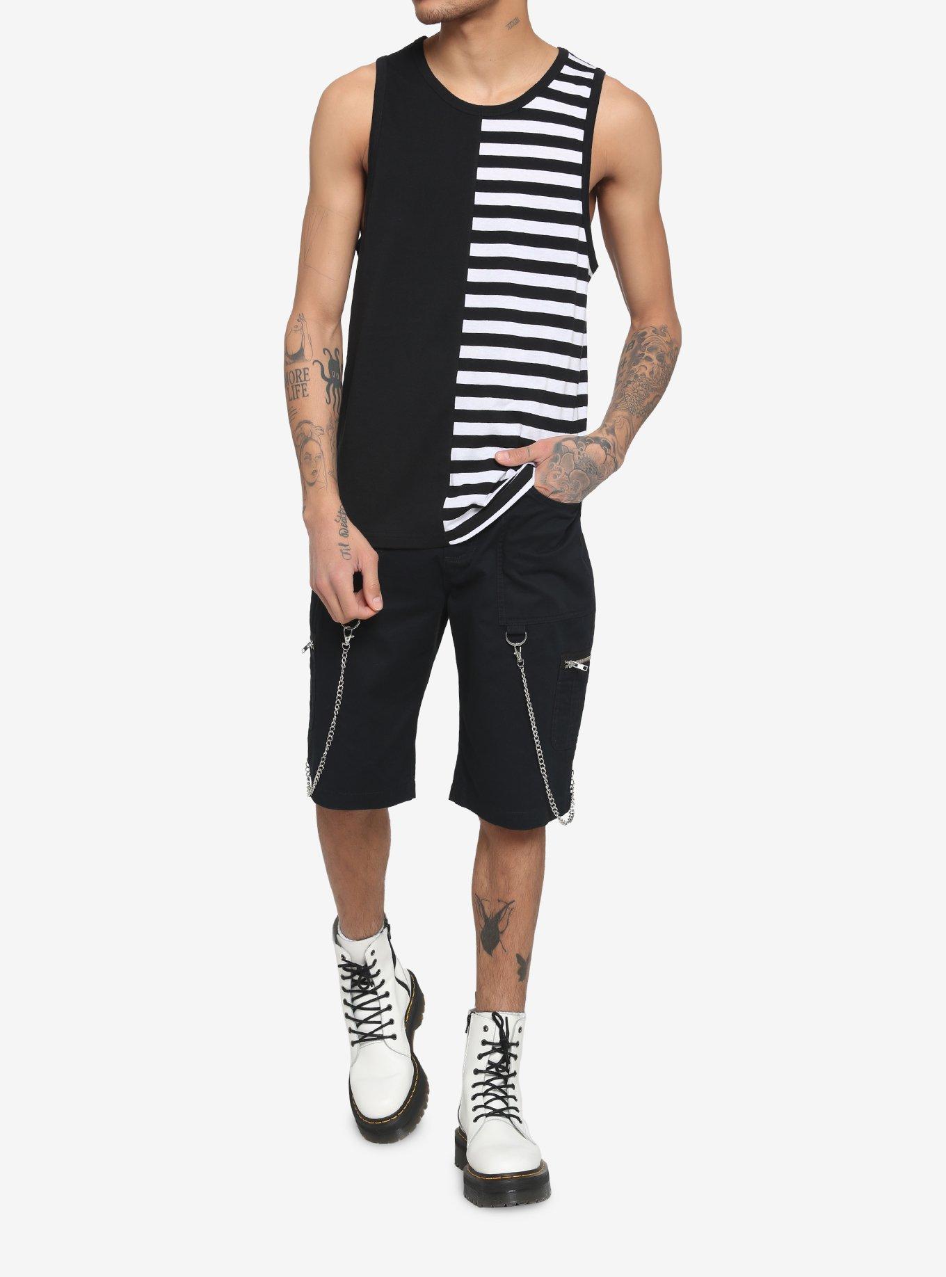 Black & White Stripe Split Tank Top, BLACK  WHITE, alternate