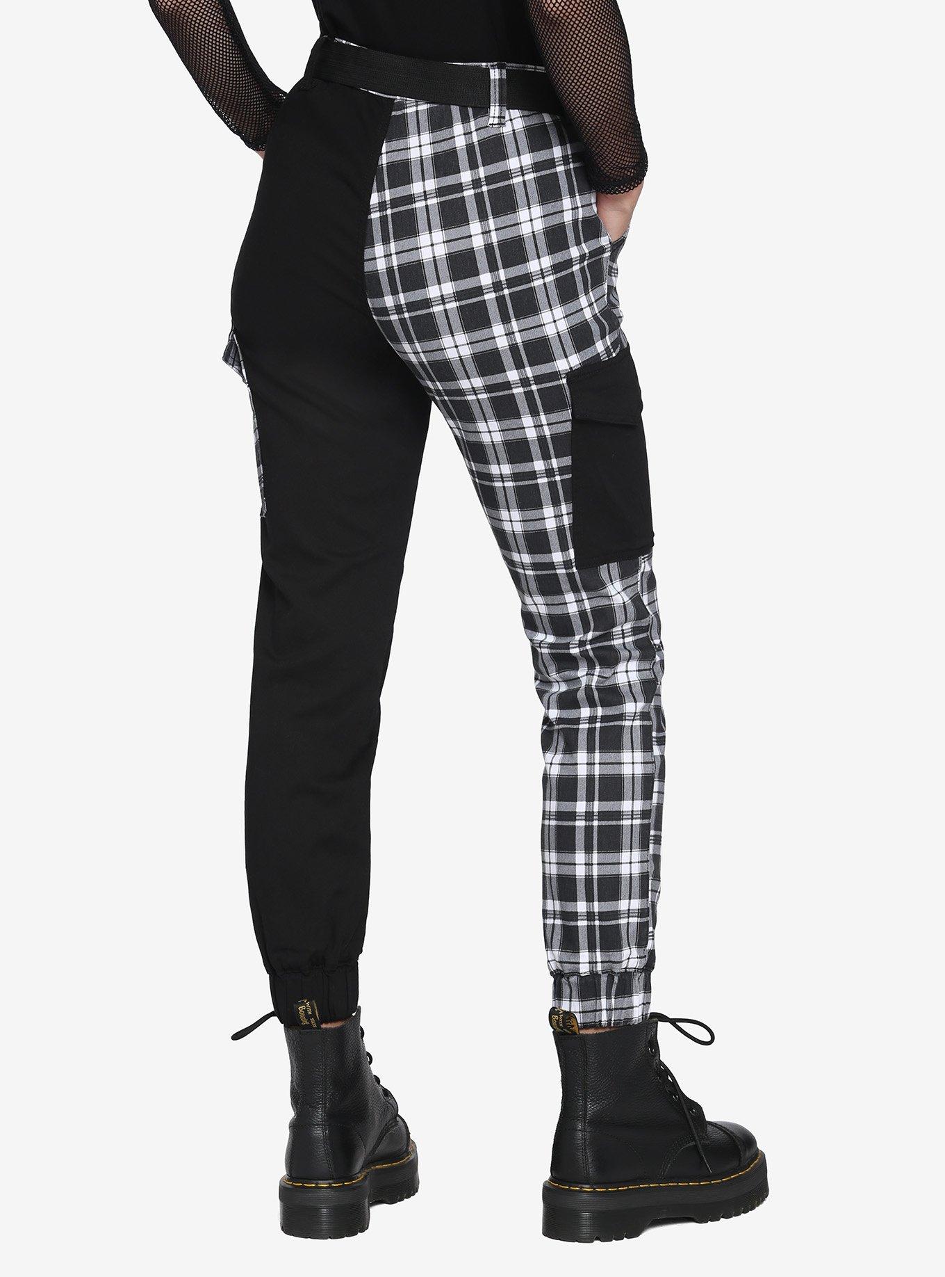 Black & Grey Plaid Split Cargo Jogger Pants, BLACK, alternate