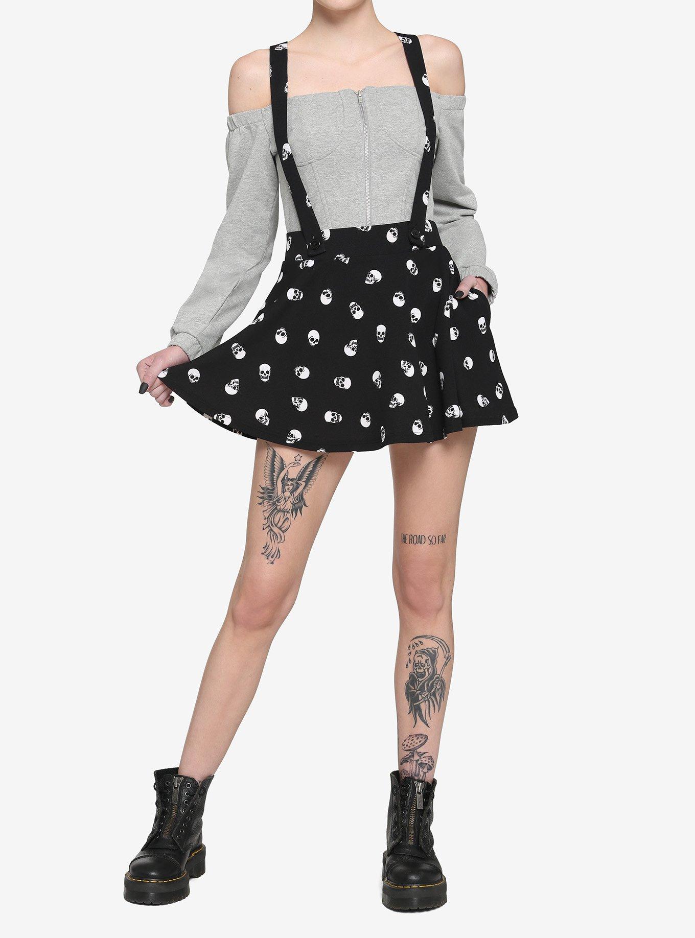 Skull Heads Suspender Skirt, BLACK, alternate