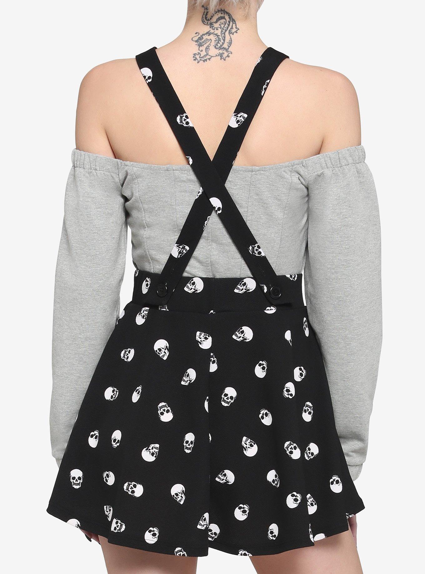 Skull Heads Suspender Skirt, BLACK, alternate
