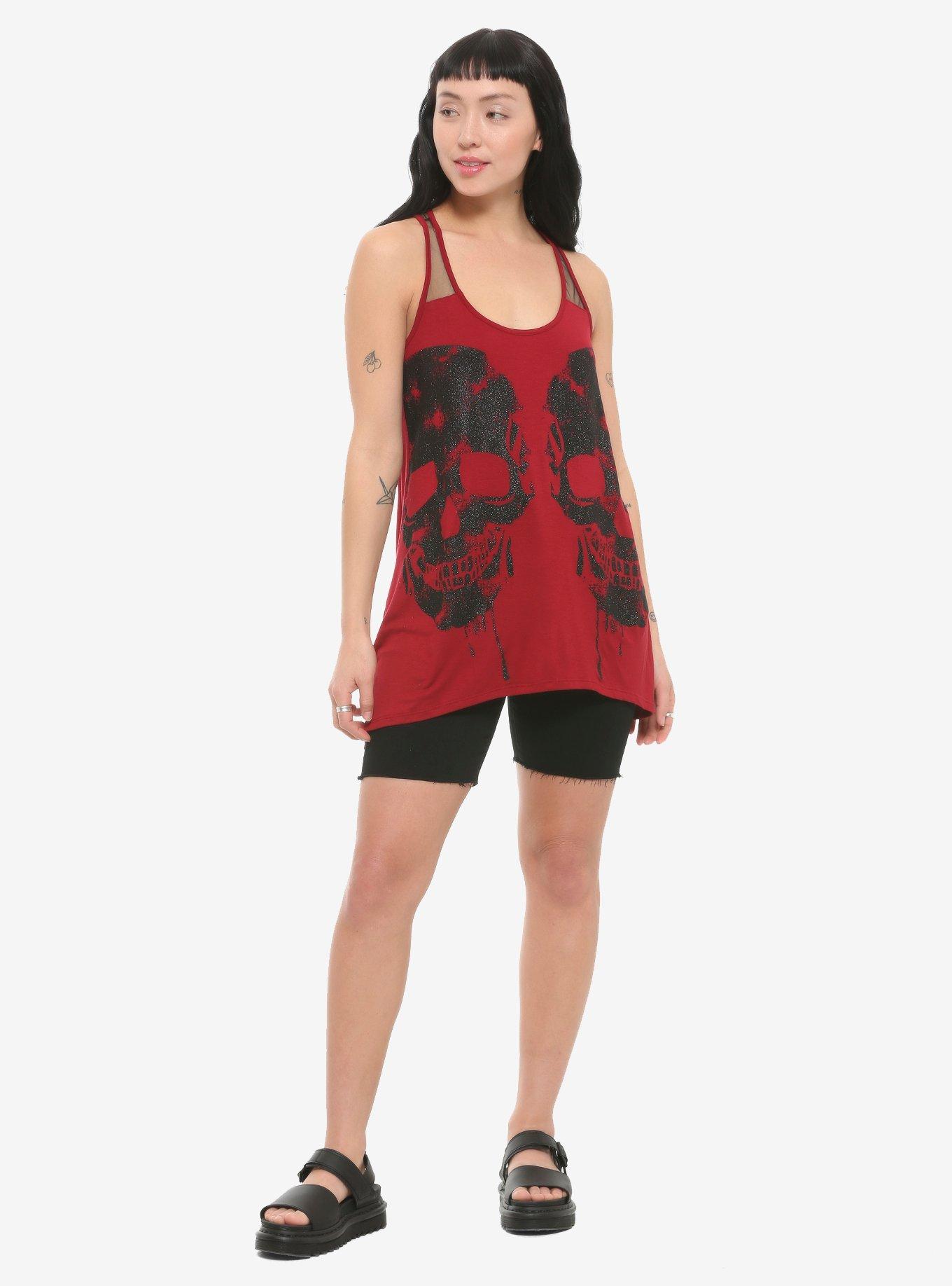 Burgundy Glitter Skull Shark Bite Girls Tank Top, BURGUNDY, alternate