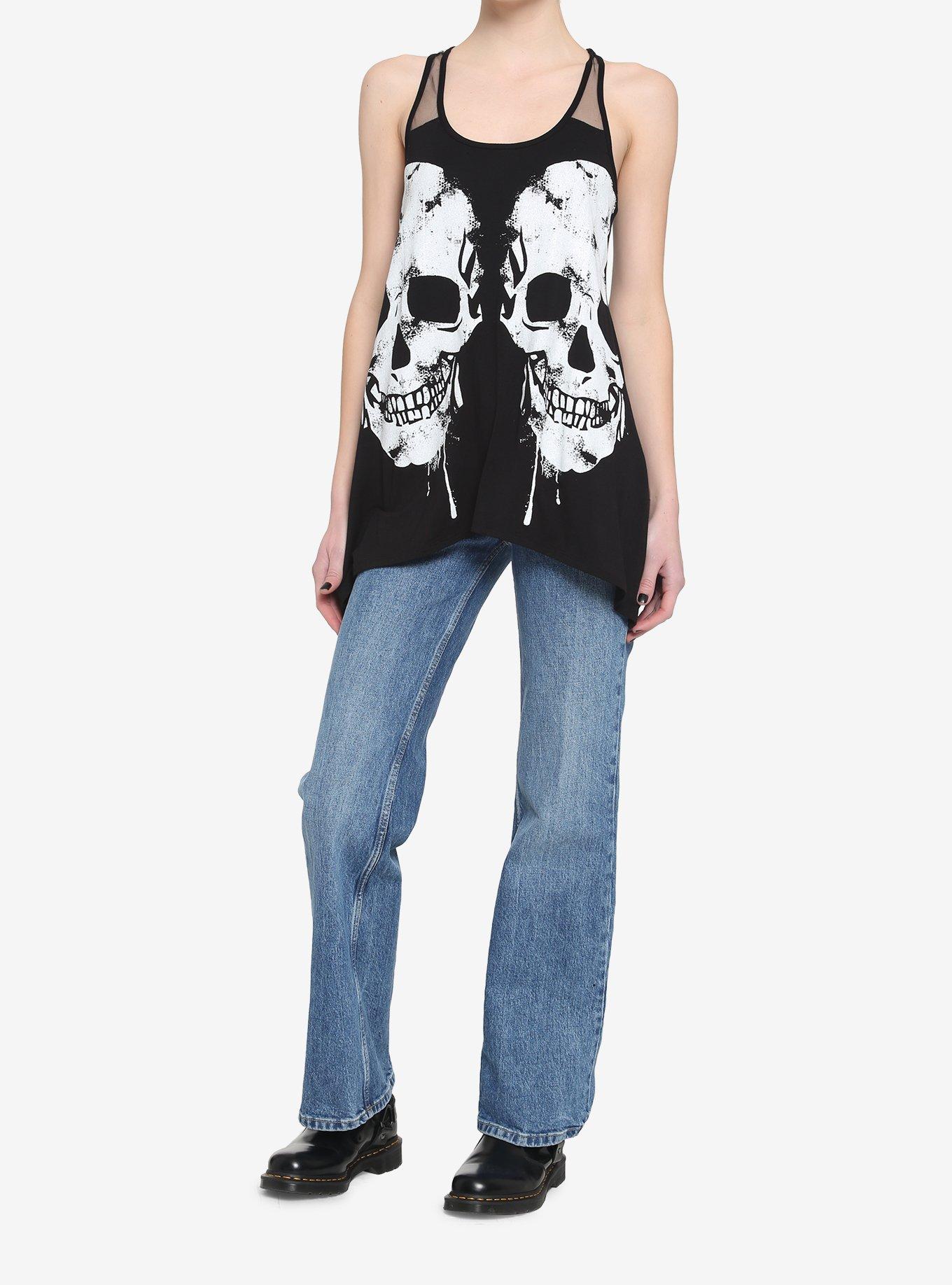 Black Glitter Skull Shark Bite Girls Tank Top, BLACK, alternate