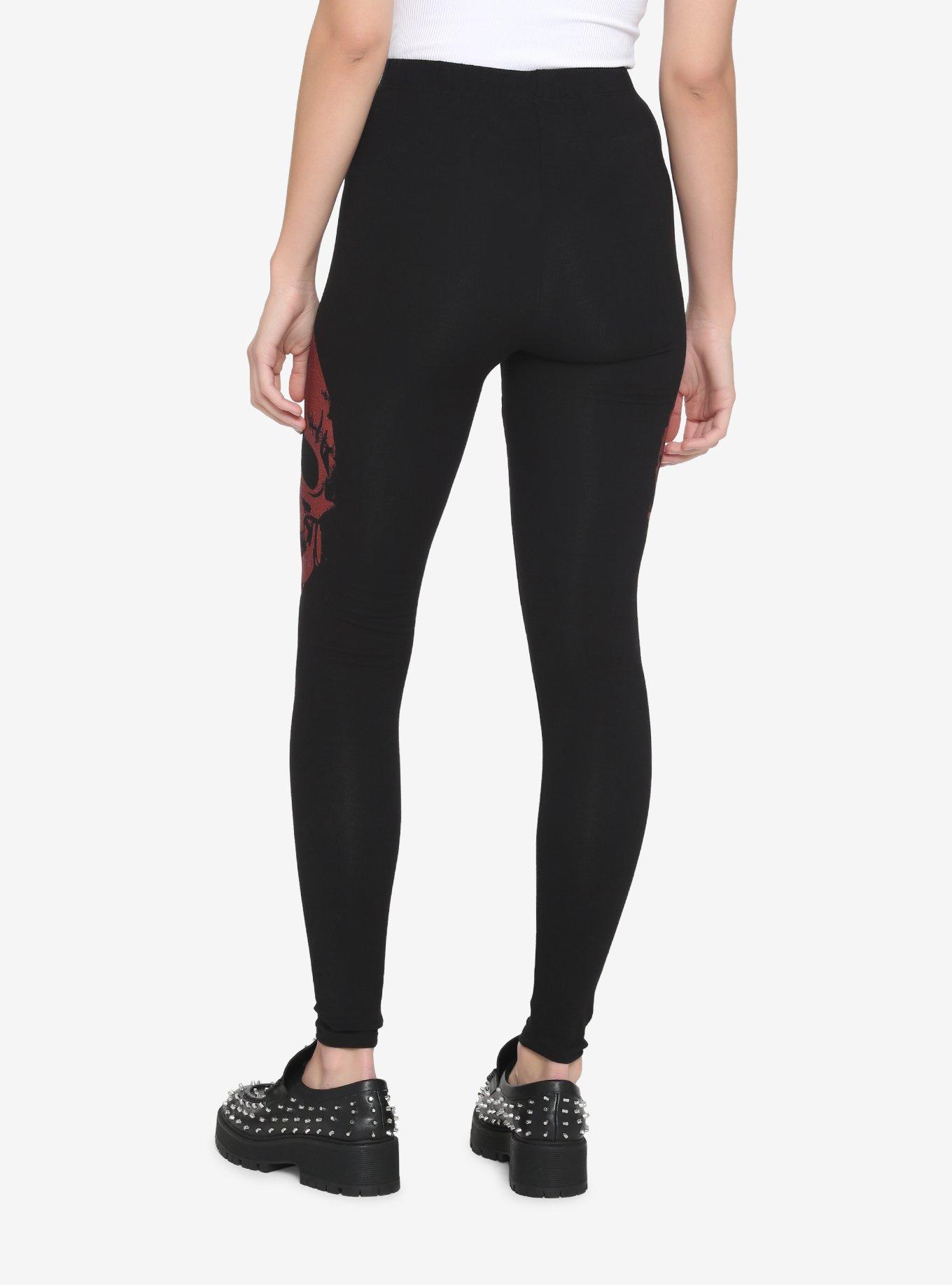 Red Glitter Skull Leggings, BLACK  RED, alternate