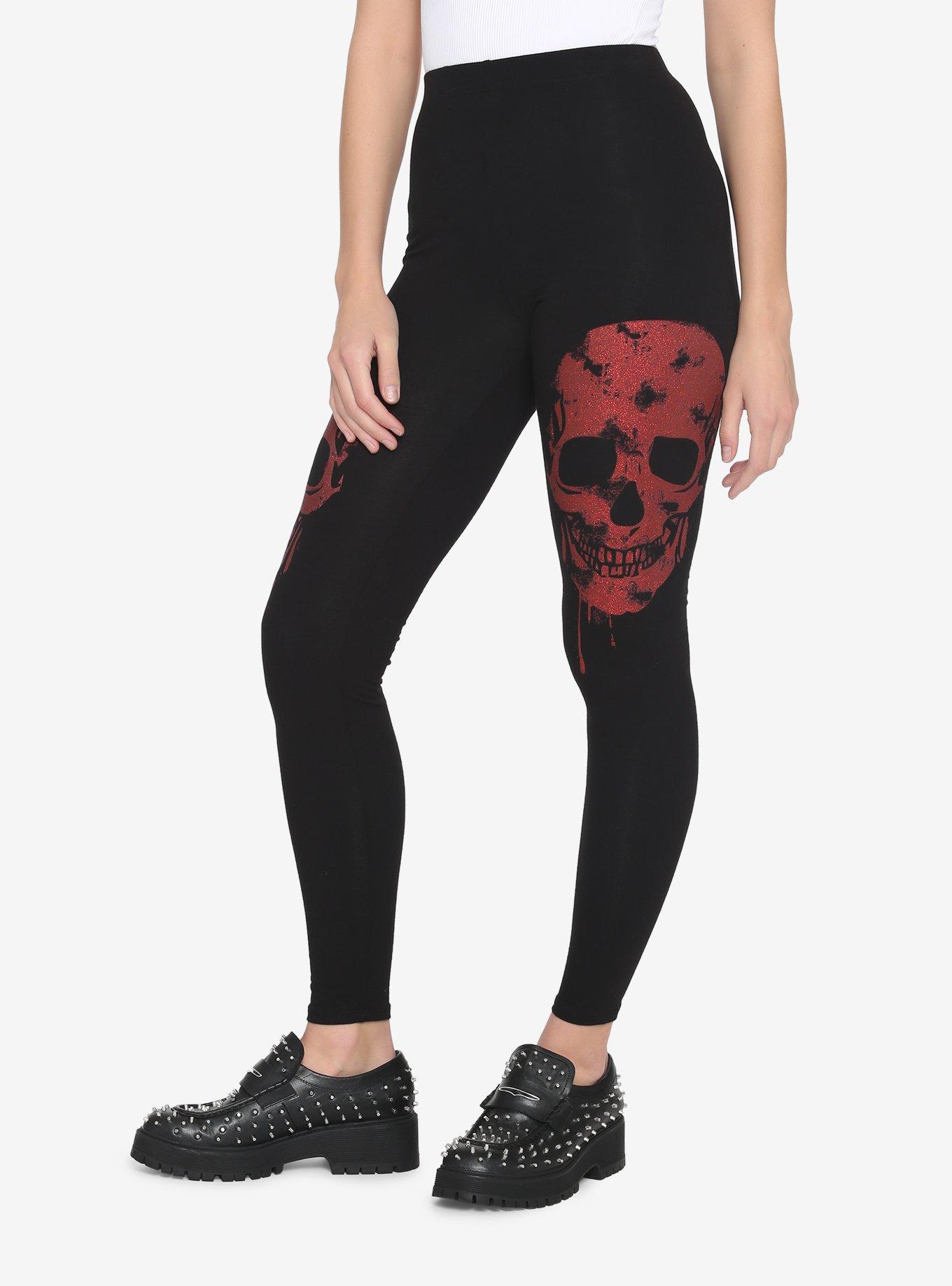Red Glitter Skull Leggings, BLACK  RED, alternate