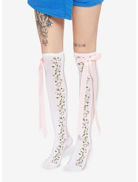 Pink Floral With Bow Over-The-Knee Socks, , hi-res