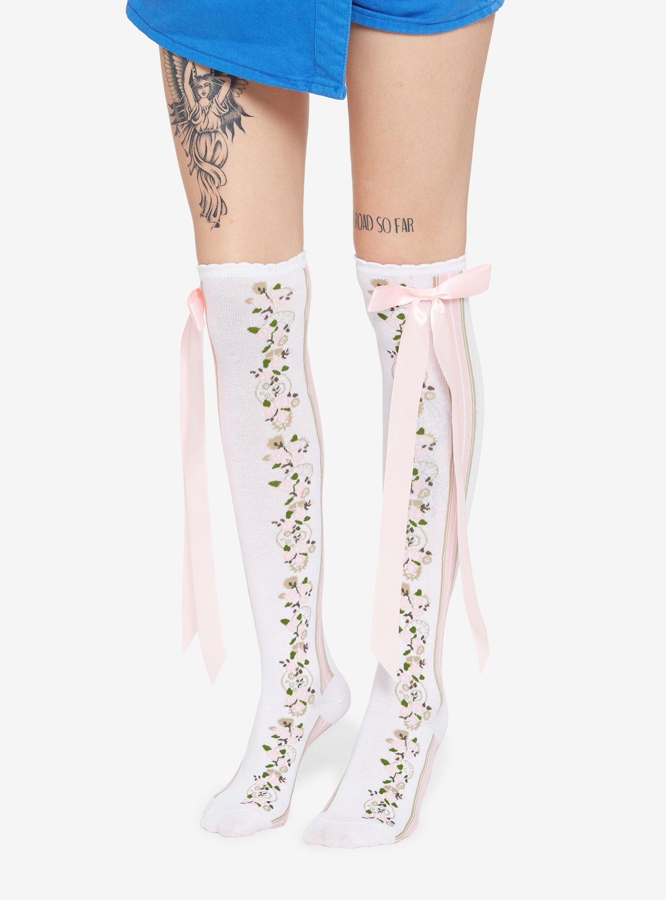 Pink Floral With Bow Over-The-Knee Socks, , alternate