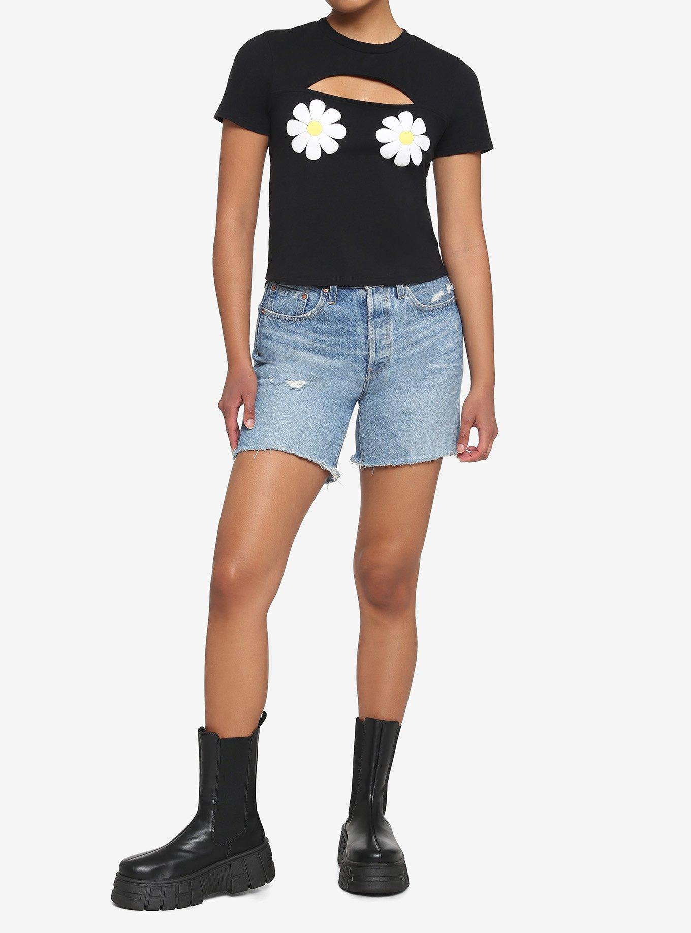 Daisy Cutout Girls Crop T-Shirt, BLACK, alternate