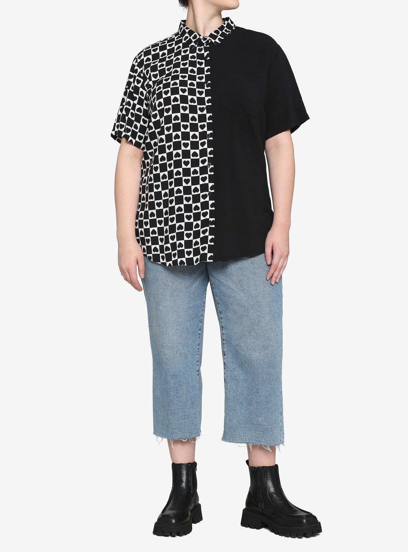 Black & White Checkered Heart Split Girls Resort Woven Button-Up Plus Size, CHECKERED, alternate