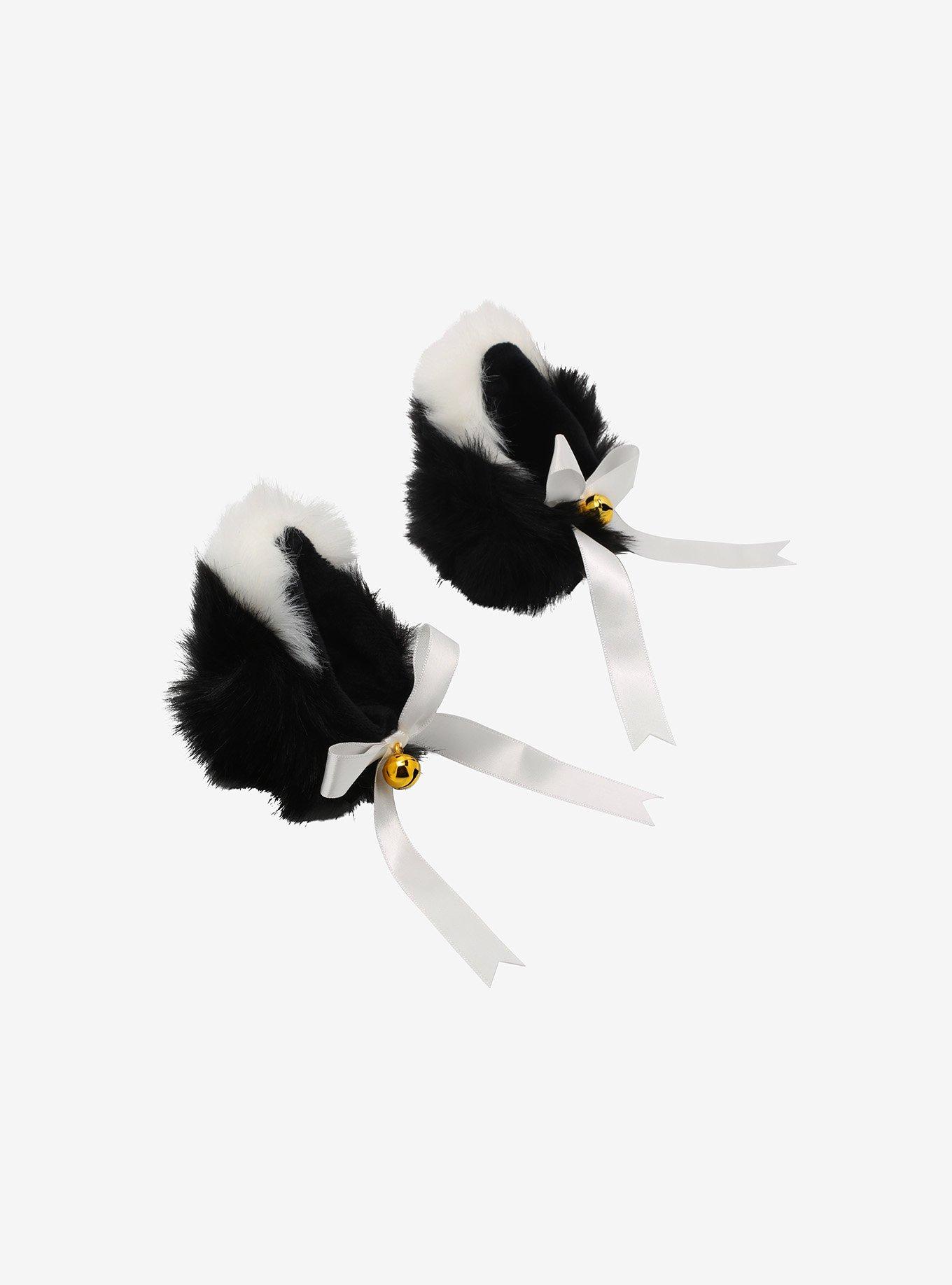 Black & White Tips Fuzzy Cat Ear Hair Clip Set, , alternate