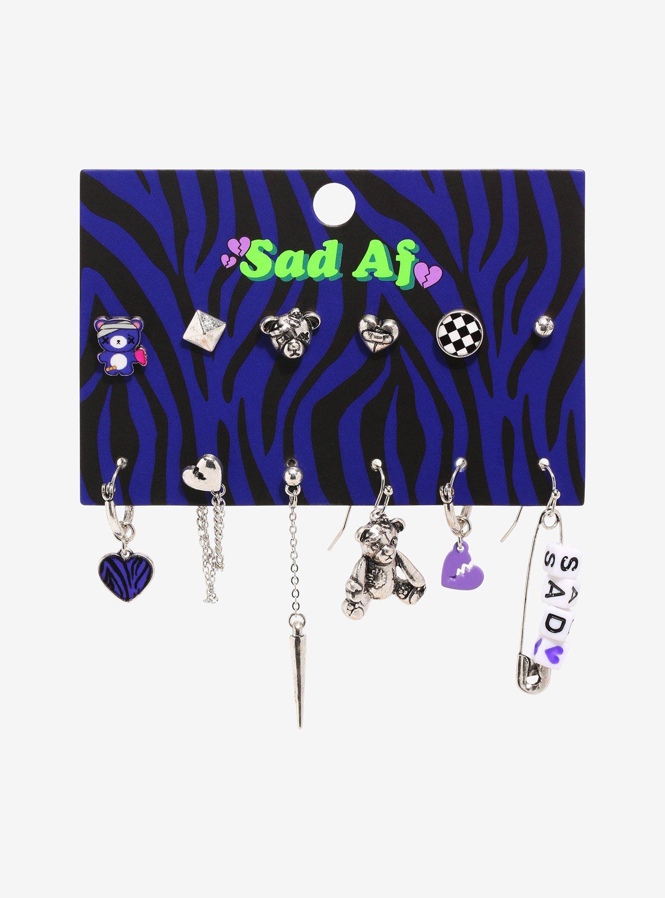 Sad Teddy Safety Pin Mismatch Earring Set, , alternate