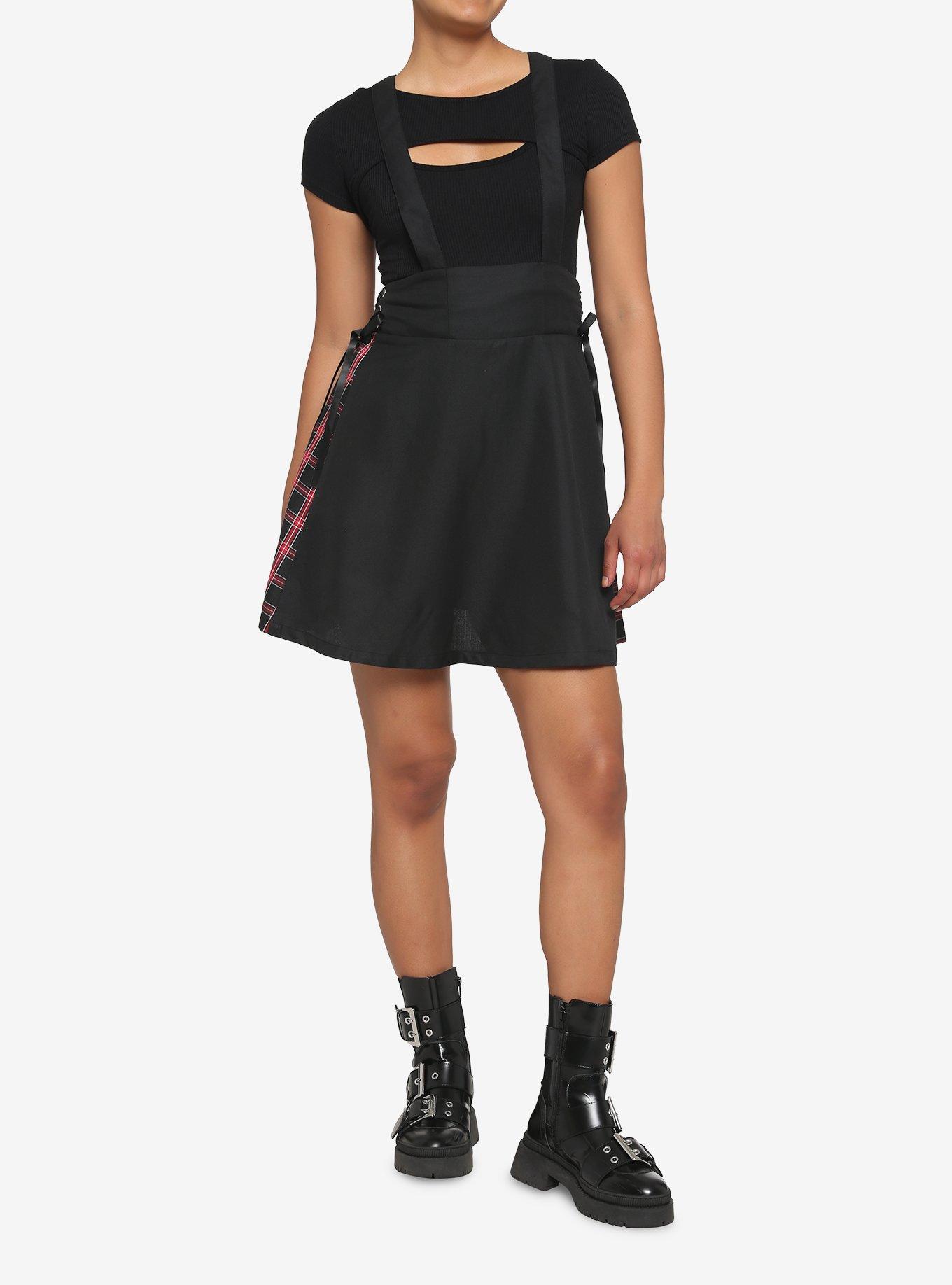 Red & Black Plaid Lace-Up Suspender Skirt, BLACK, alternate
