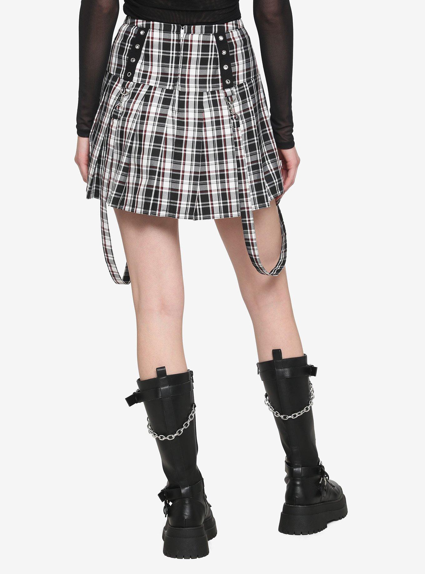 Black White & Red Plaid Grommet Suspender Skirt, PLAID - BLACK, alternate