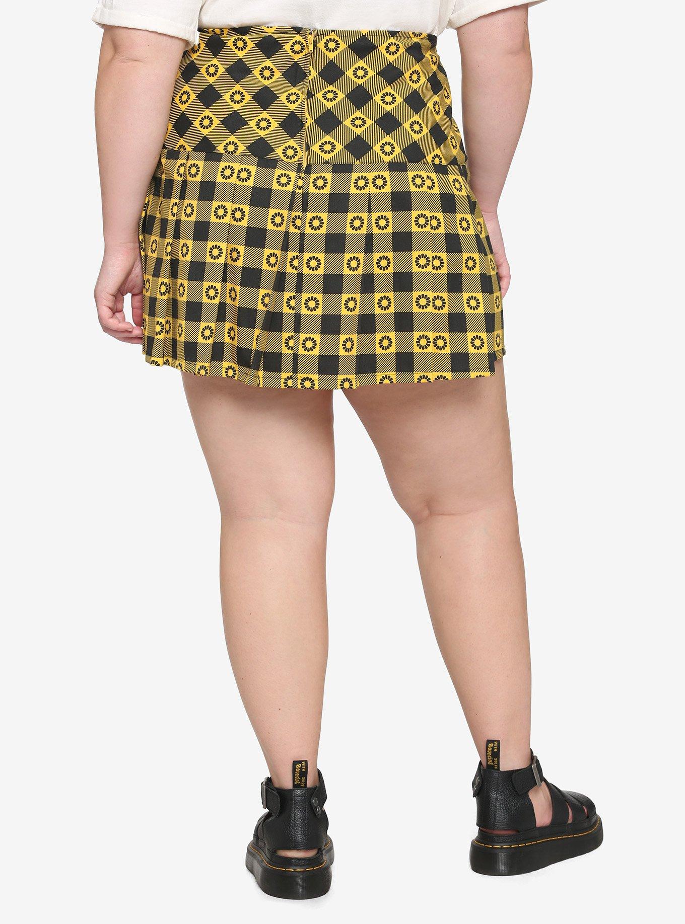 Yellow & Black Flower Plaid Skirt Plus Size, PLAID, alternate