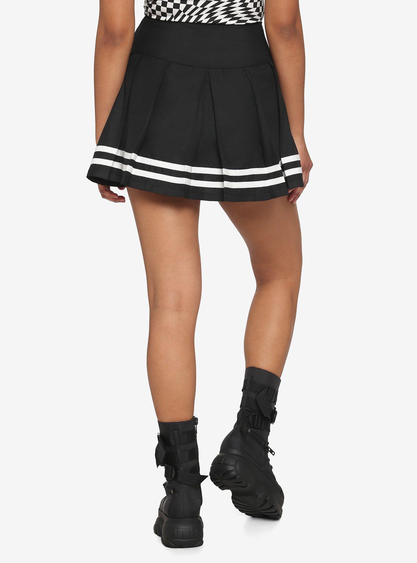 Black & White Lace-Up Pleated Skirt, BLACK, alternate