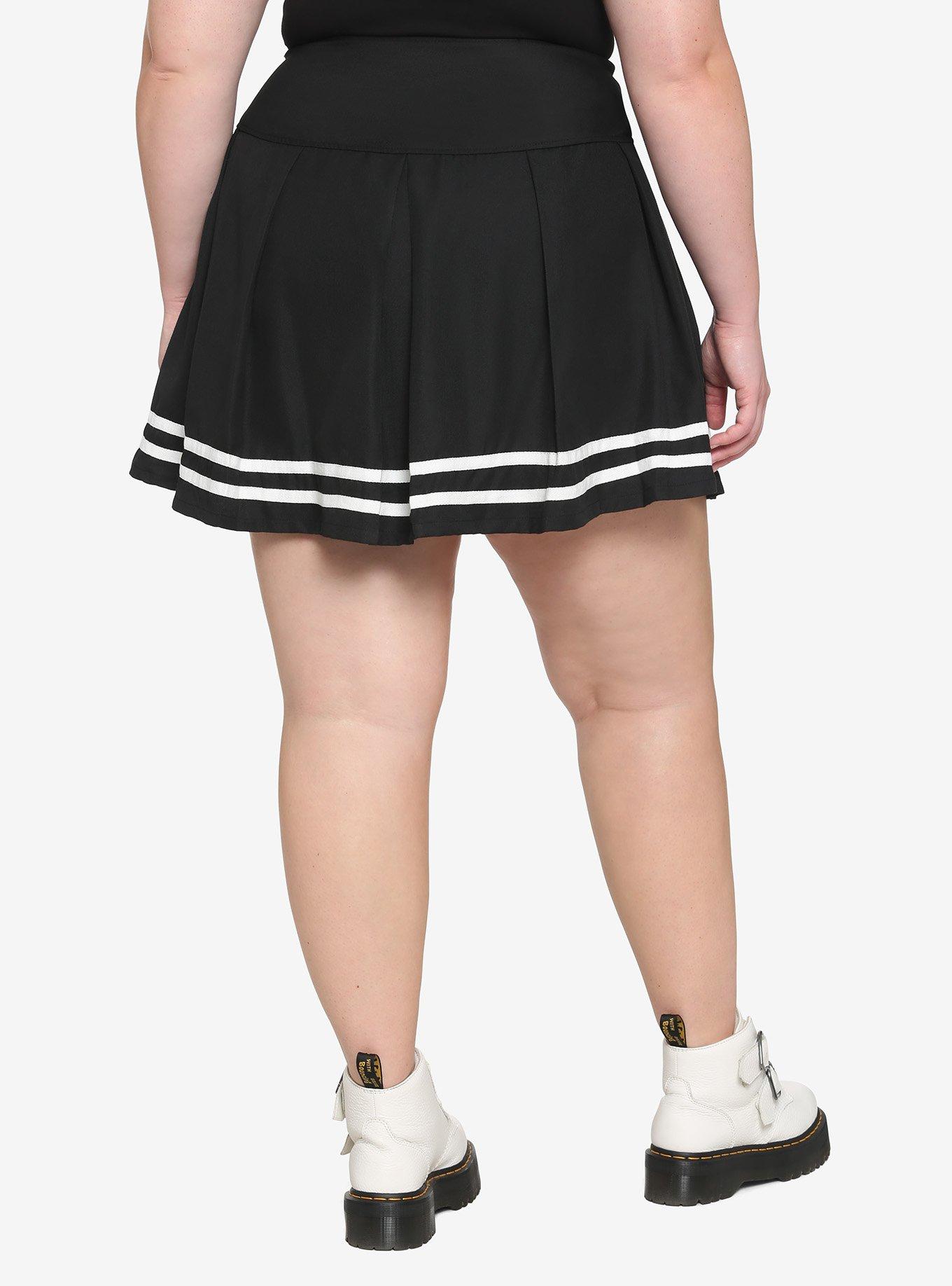 Black & White Lace-Up Pleated Skirt Plus Size, BLACK, alternate