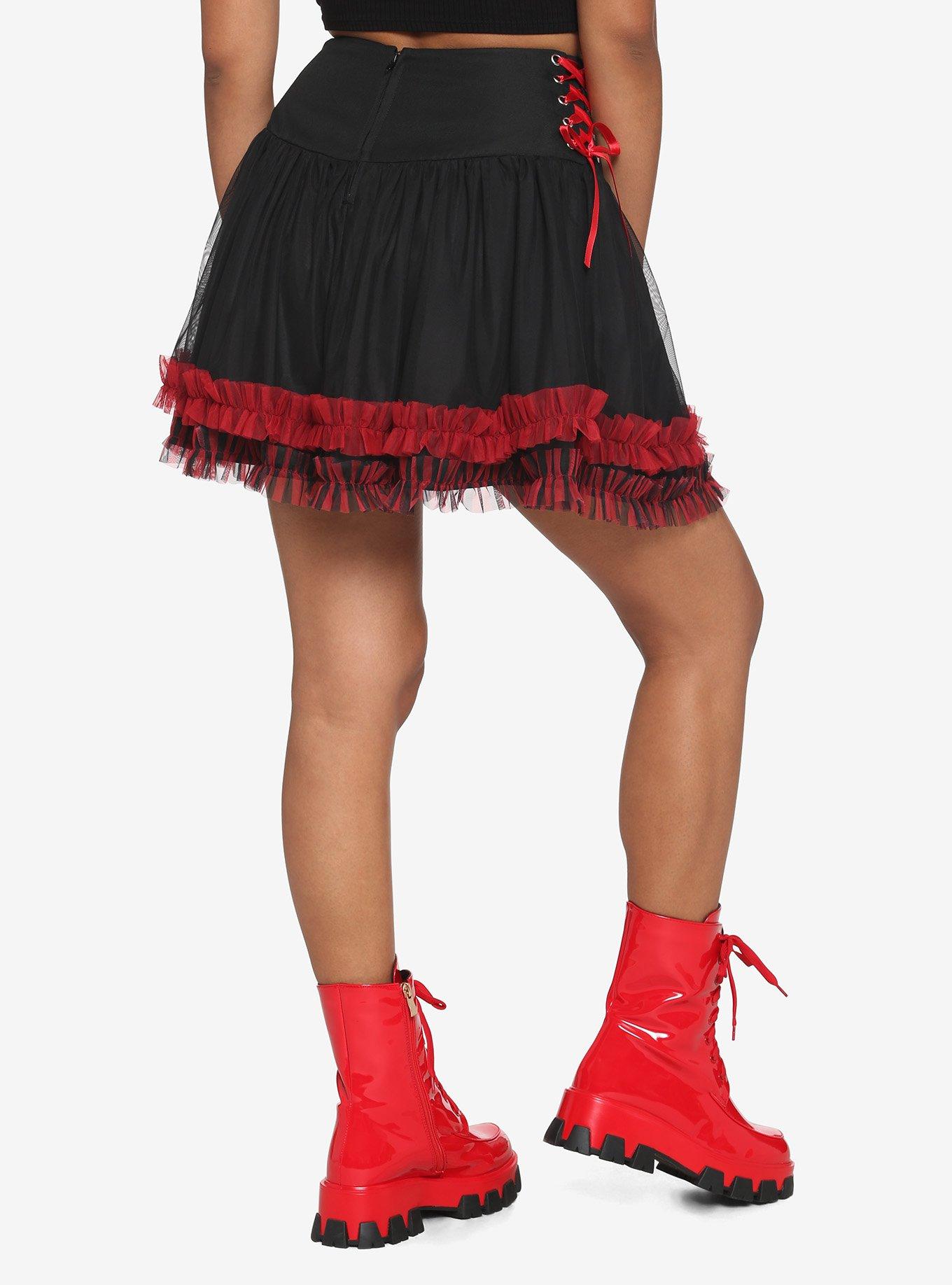 Black & Red Side Lace-Up Skirt, RED, alternate